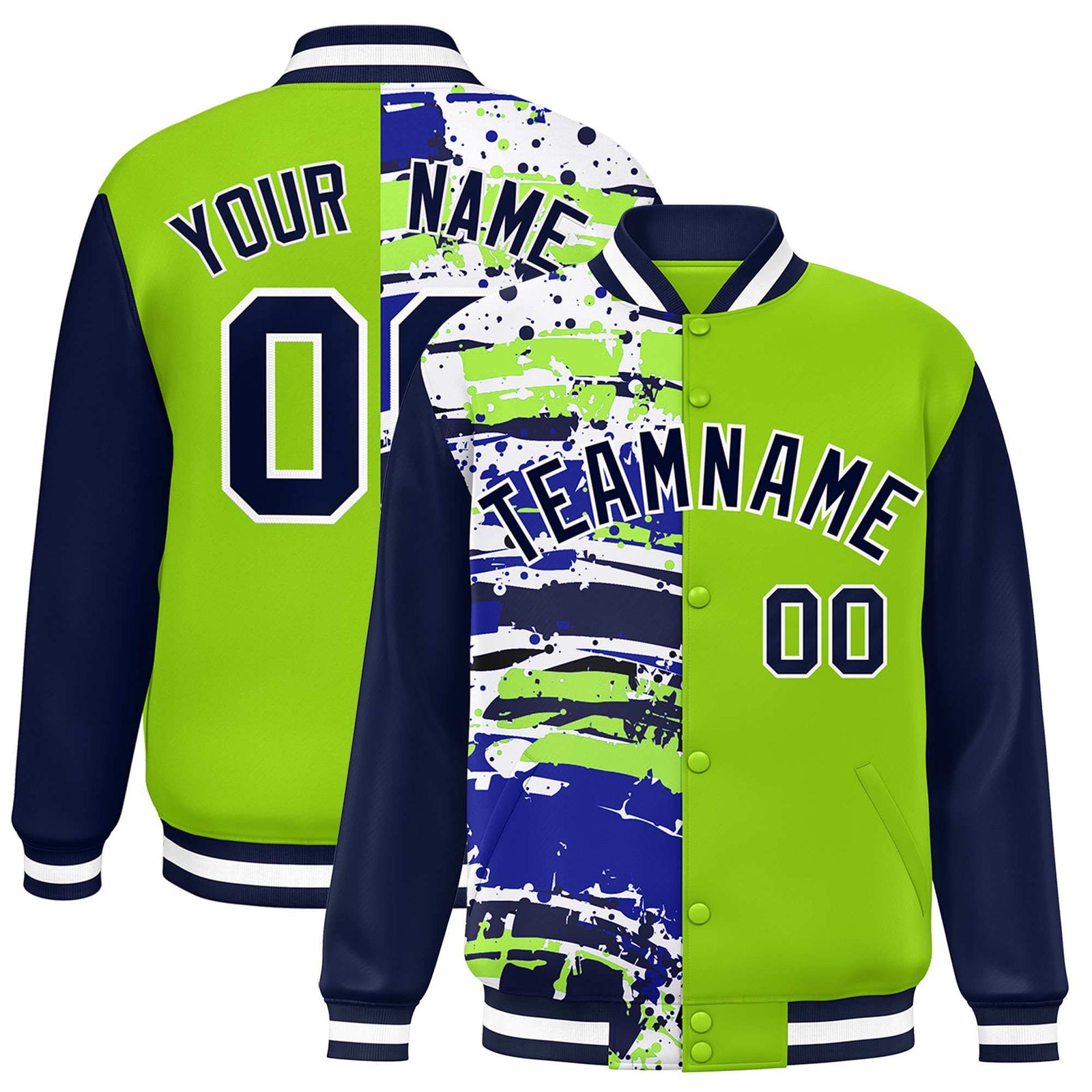 Custom Neon Green Navy Varsity Full-Snap Graffiti Pattern Letterman Baseball Jacket