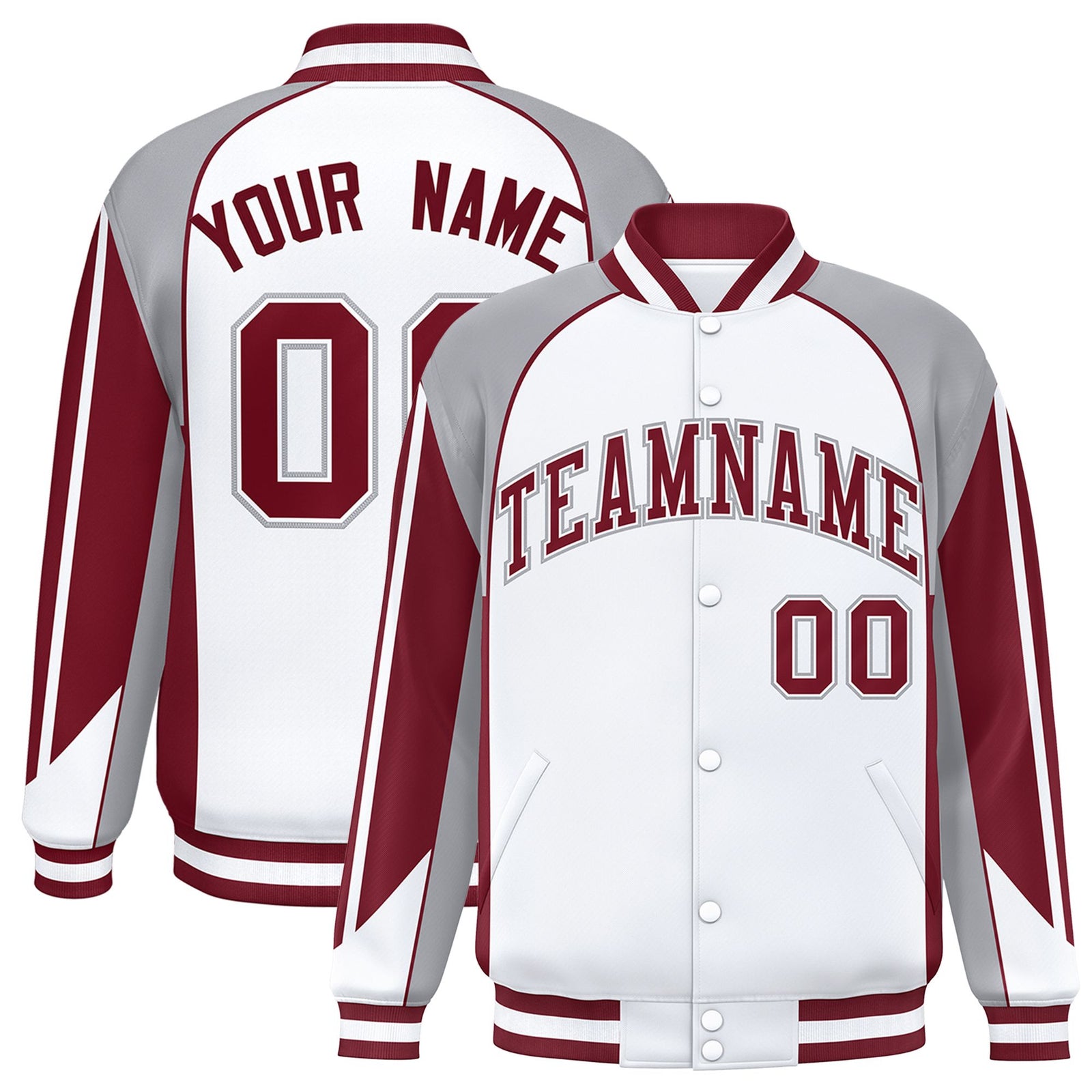Custom White Gray Varsity Full-Snap Personalized Raglan Sleeves Color Block Letterman Jacket