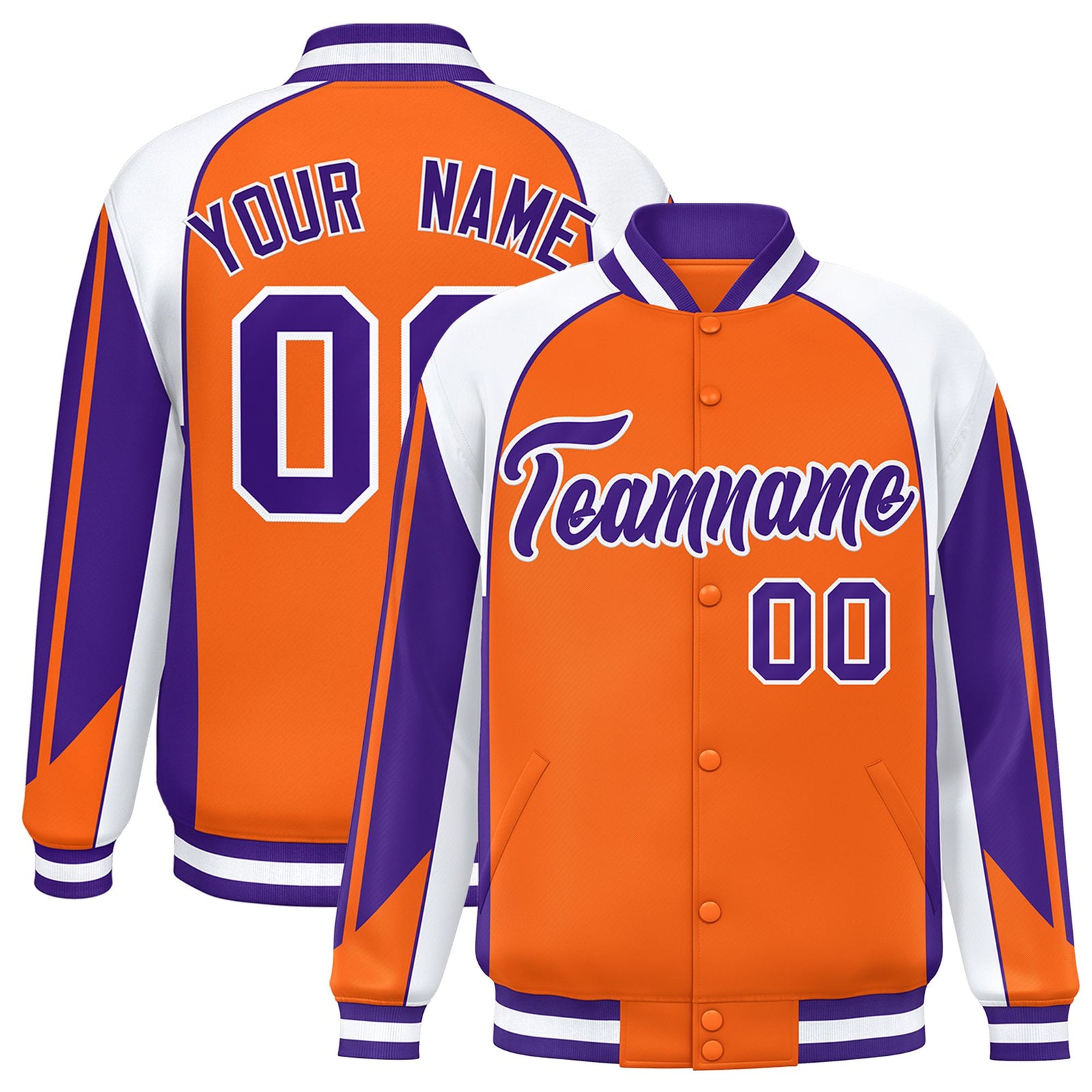 Custom Orange White Varsity Full-Snap Personalized Raglan Sleeves Color Block Letterman Jacket