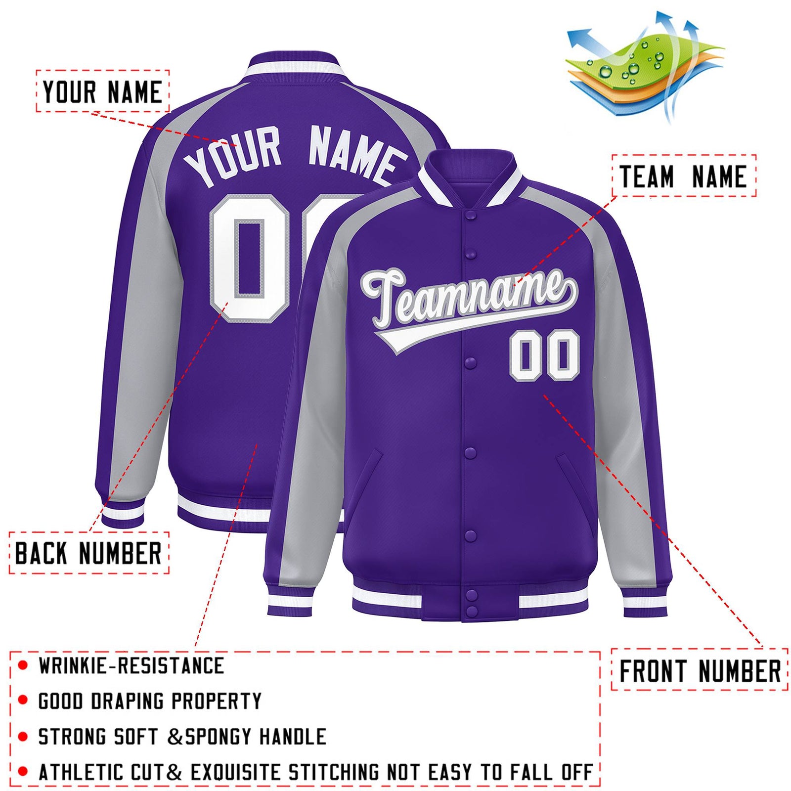 Custom Purple Gray Varsity Full-Snap Color Block Personalized Raglan Sleeves Letterman Jacket