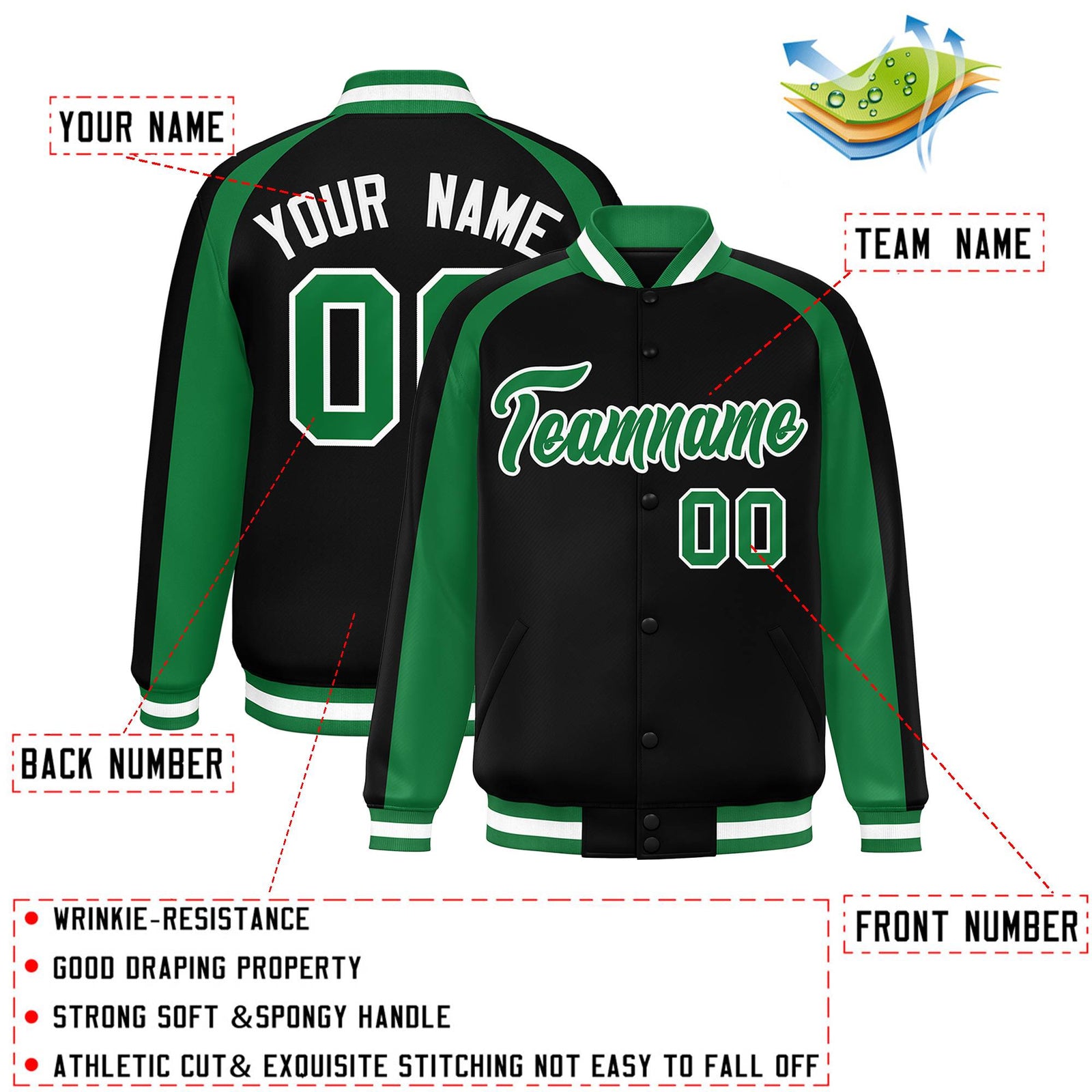 Custom Black Kelly Green Varsity Full-Snap Color Block Personalized Raglan Sleeves Letterman Jacket