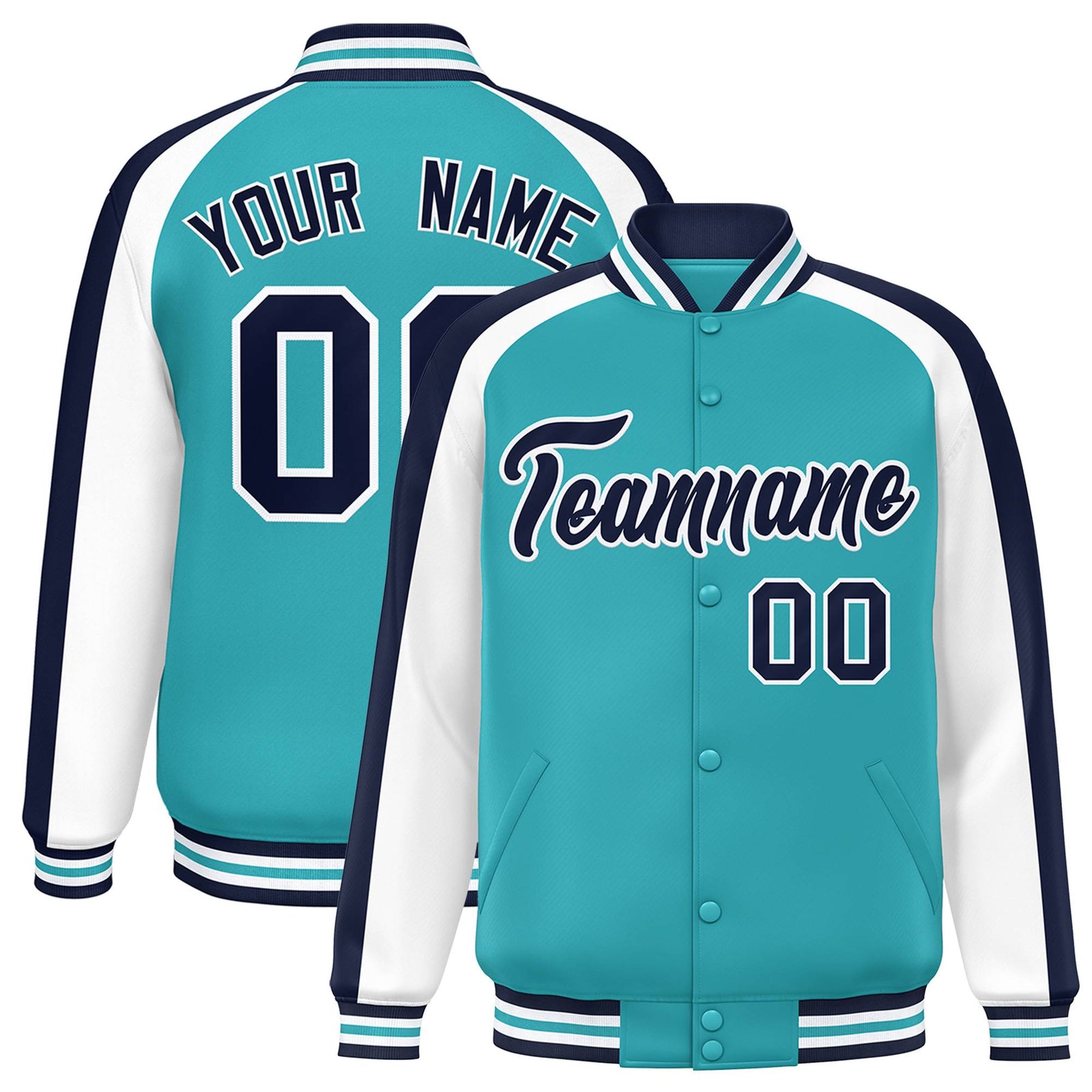 Custom Aqua White Varsity Full-Snap Color Block Personalized Raglan Sleeves Letterman Jacket