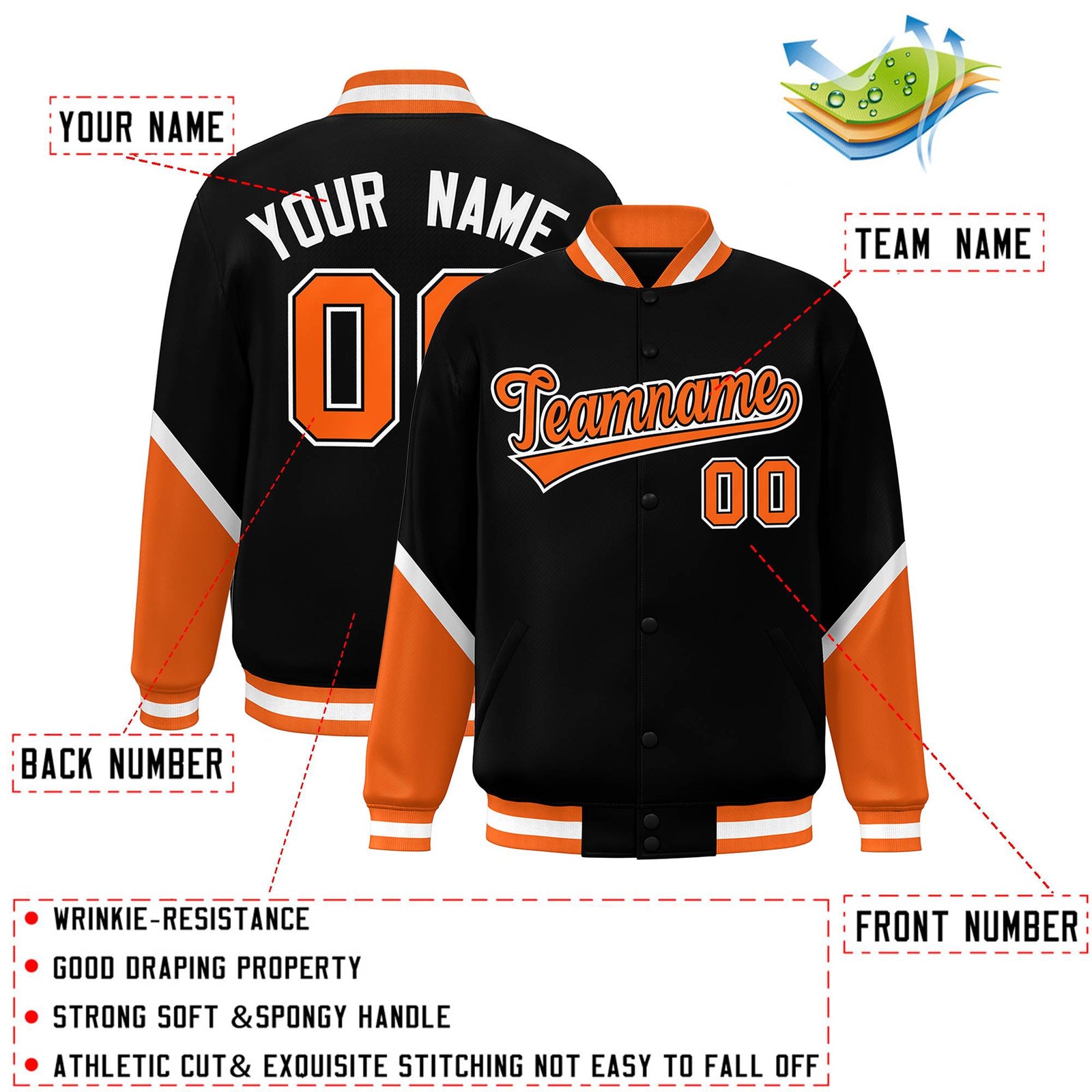 Custom Black Orange Varsity Full-Snap Color Block Letterman Baseball Jacket