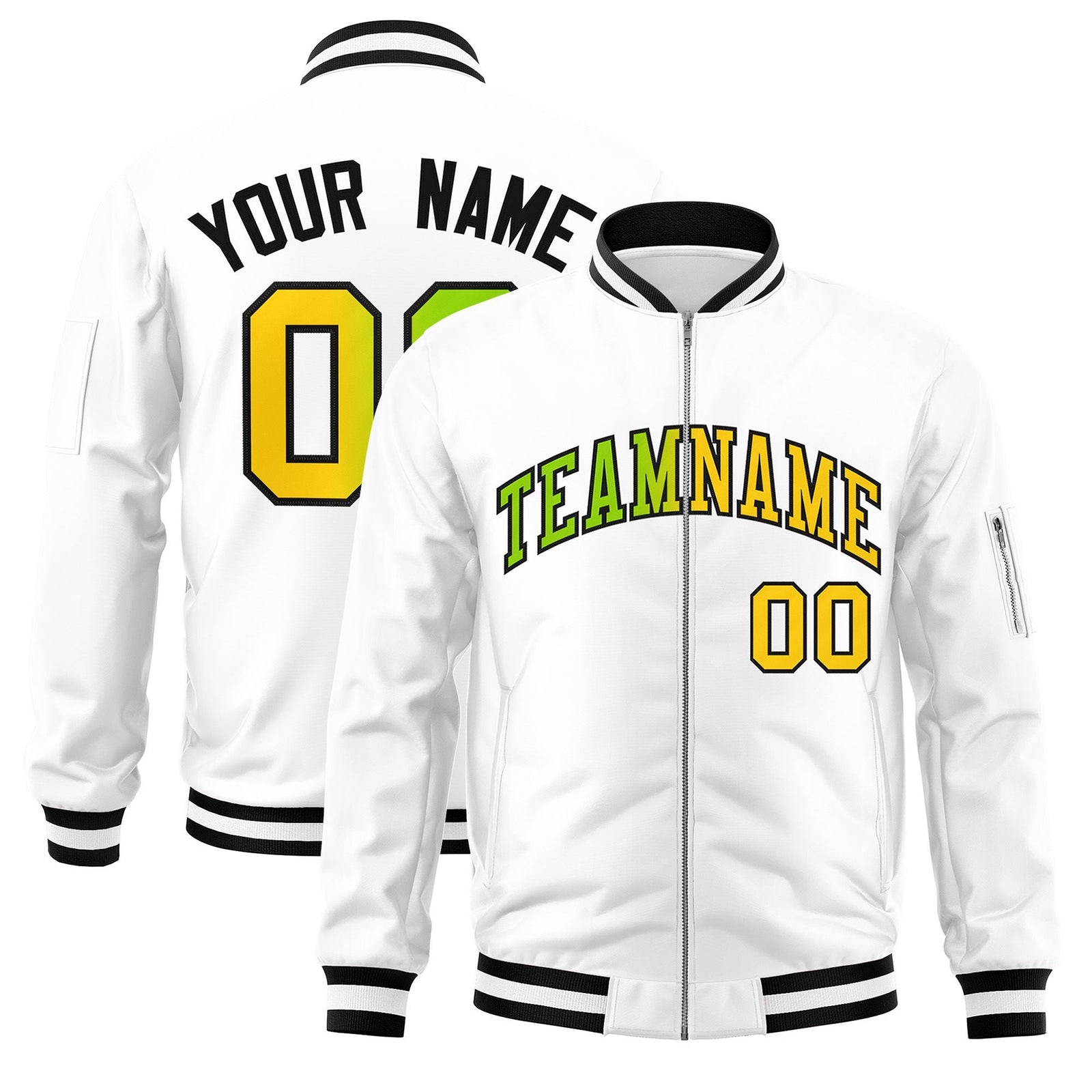Custom White Full-Zip Gradient Fashion Letterman Bomber Jacket