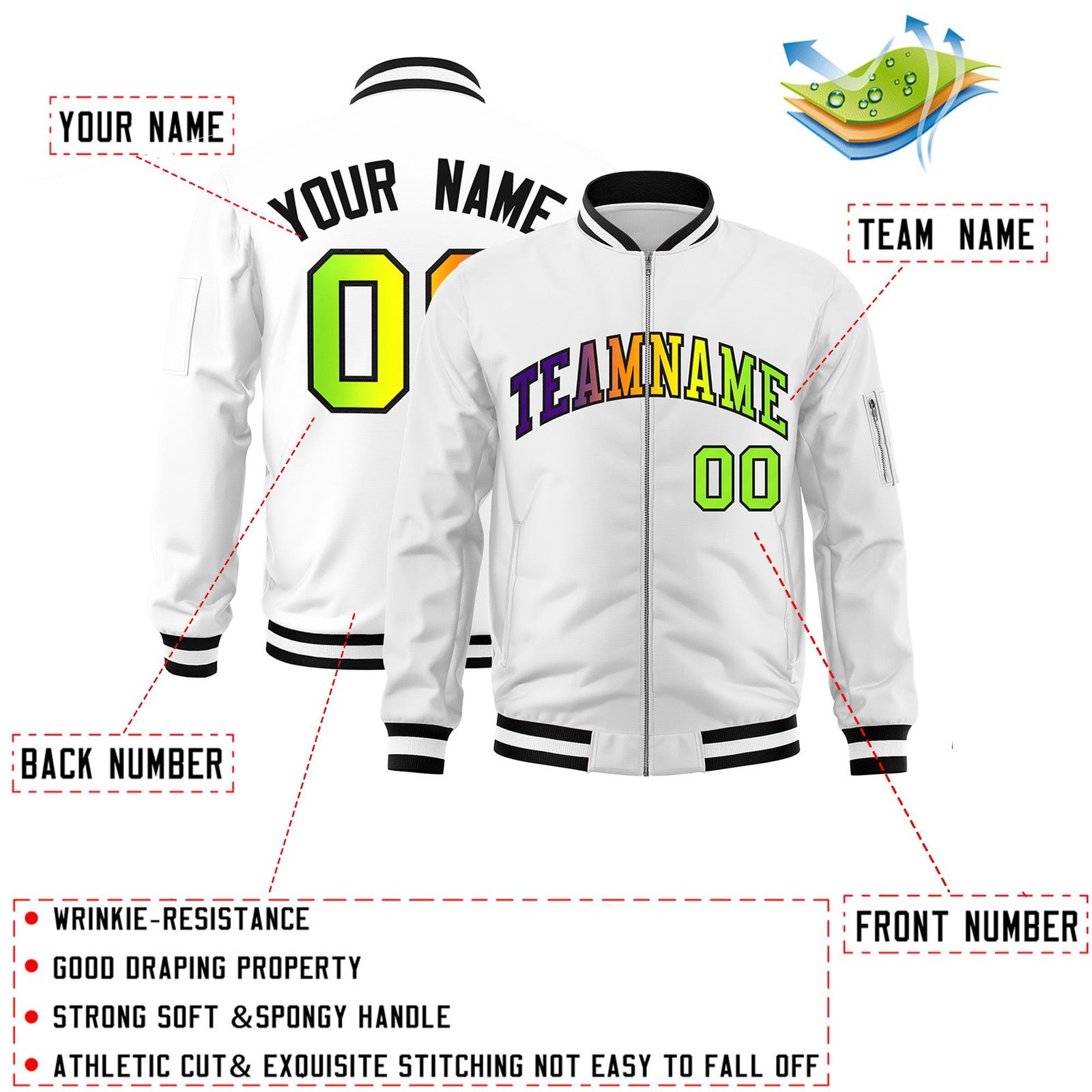 Custom White Full-Zip Gradient Fashion Letterman Bomber Jacket
