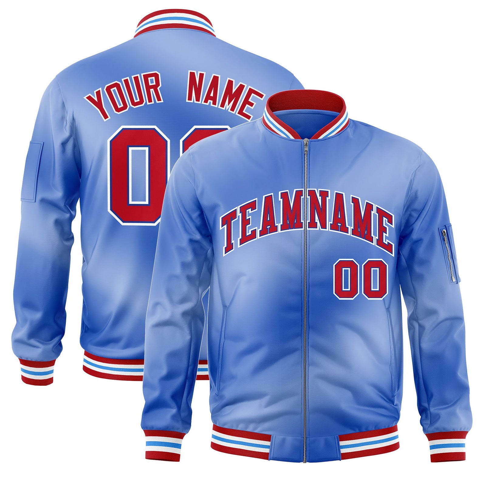 Custom Light Blue Full-Zip Gradient Fashion Letterman Bomber Jacket