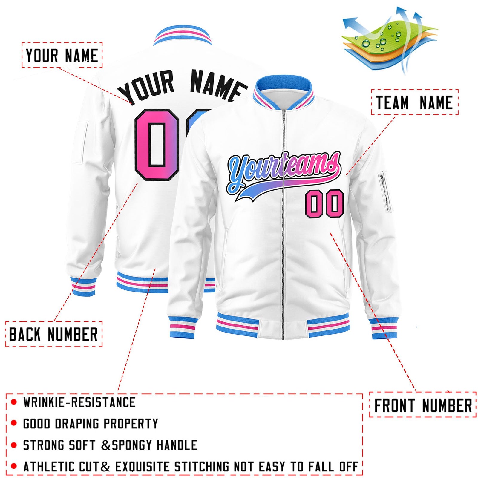 Custom White Full-Zip Gradient Fashion Letterman Bomber Jacket