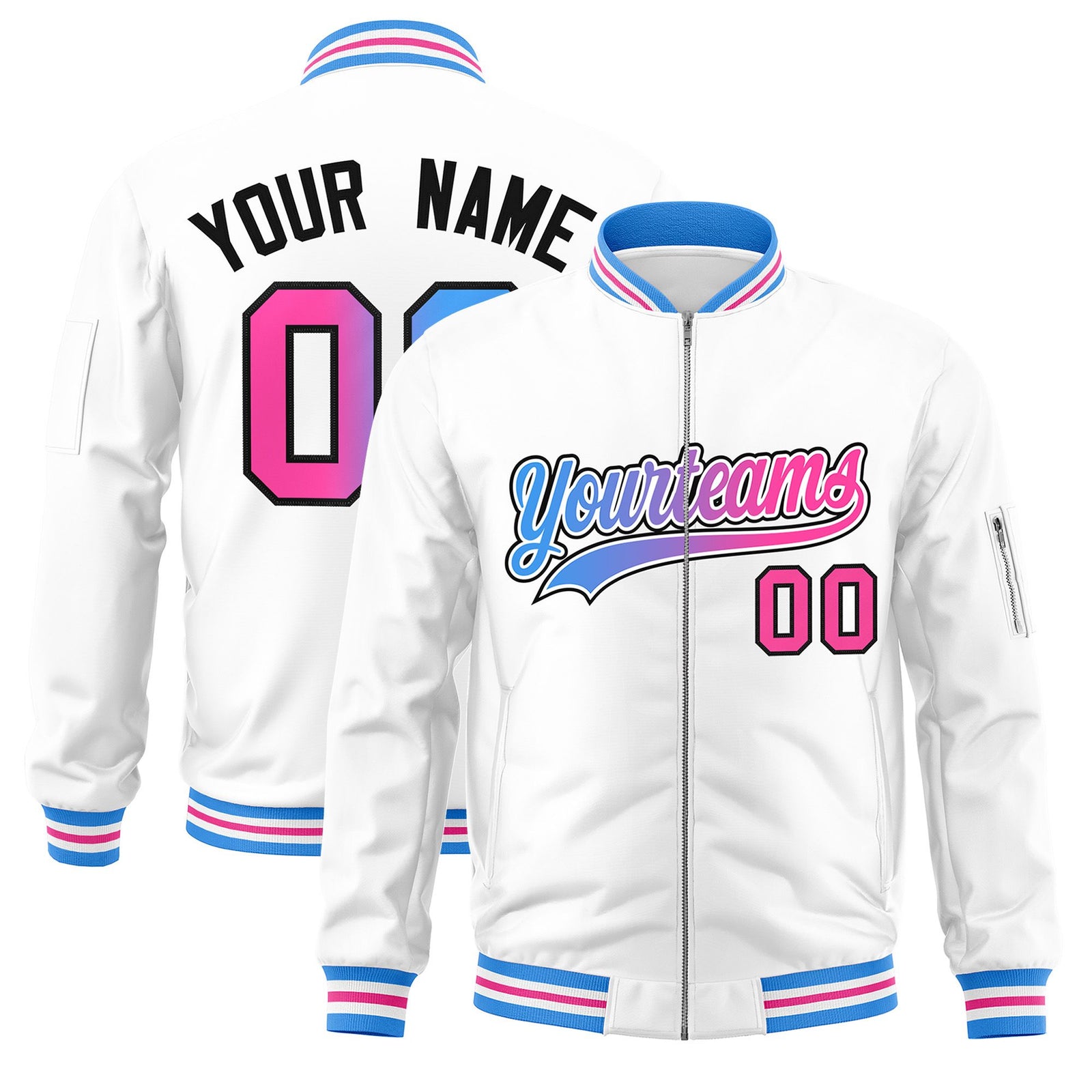 Custom White Full-Zip Gradient Fashion Letterman Bomber Jacket
