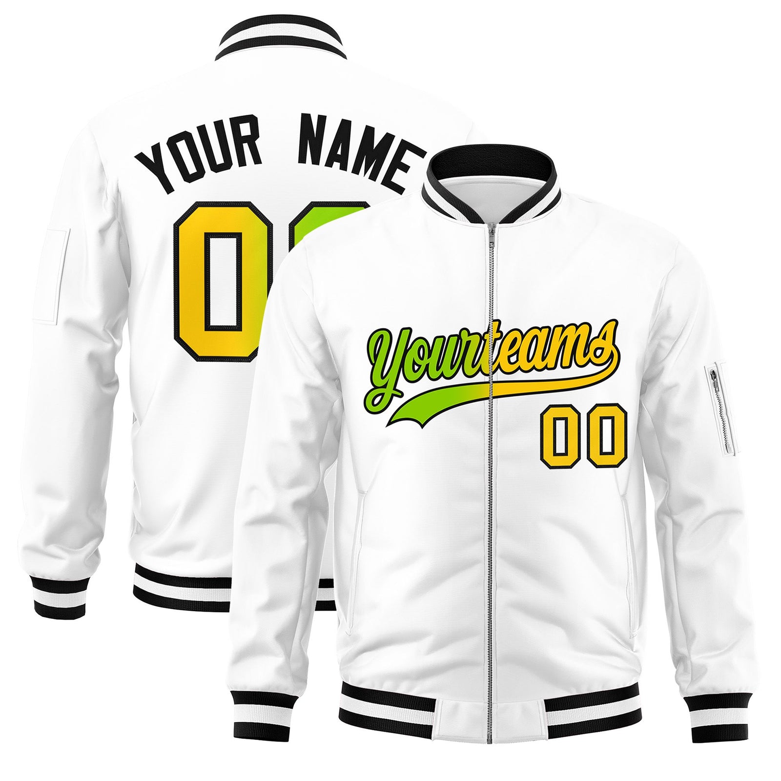 Custom White Full-Zip Gradient Fashion Letterman Bomber Jacket