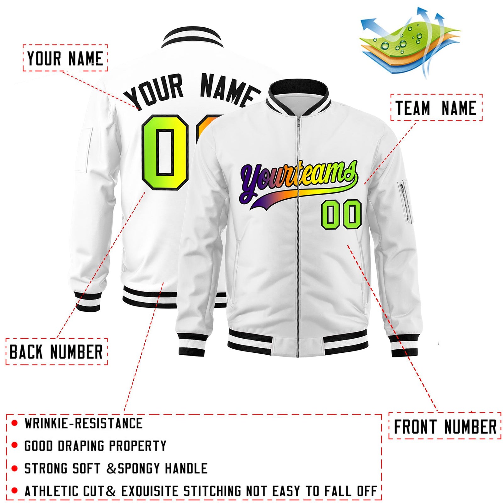 Custom White Full-Zip Gradient Fashion Letterman Bomber Jacket