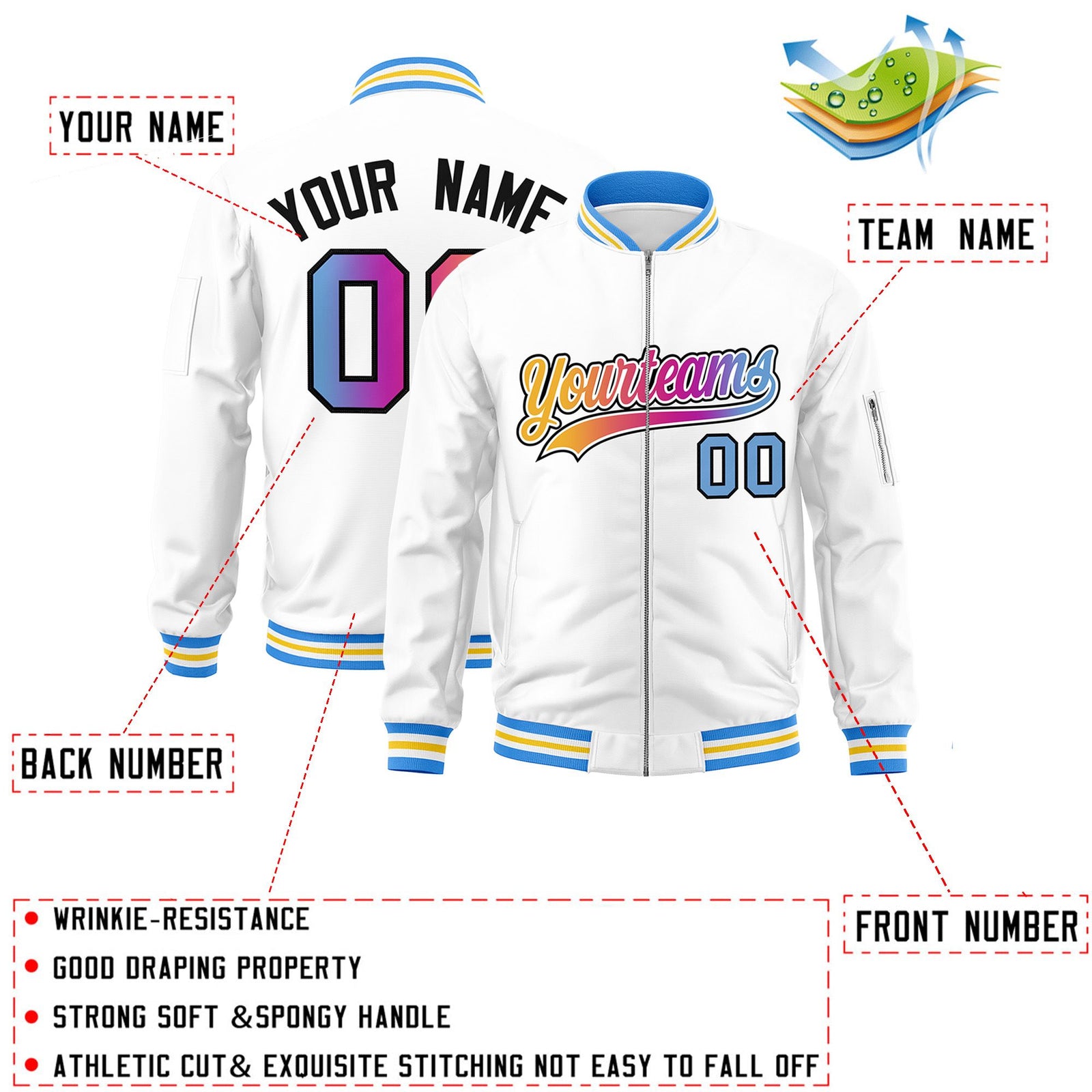 Custom White Full-Zip Gradient Fashion Letterman Bomber Jacket