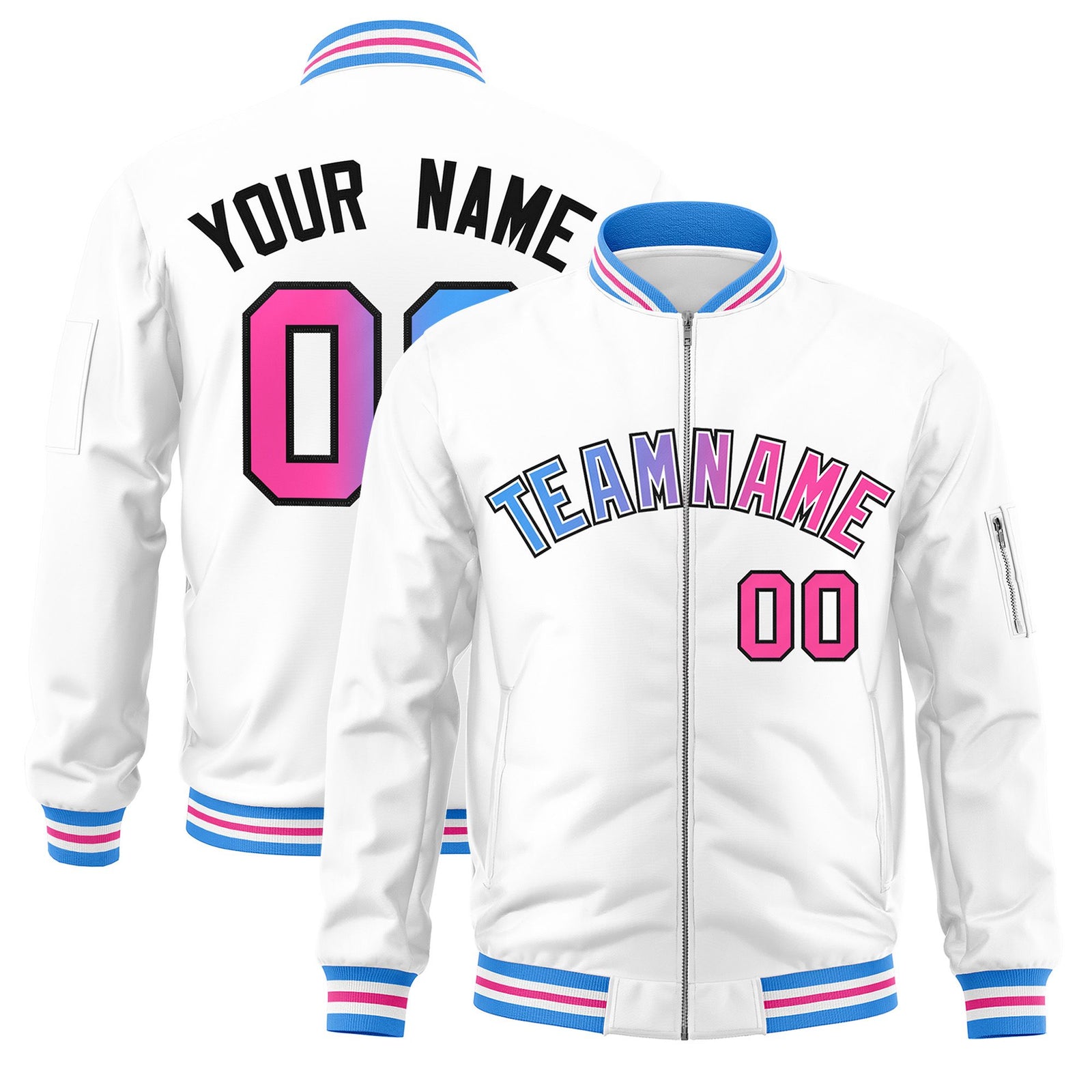 Custom White Full-Zip Gradient Fashion Letterman Bomber Jacket