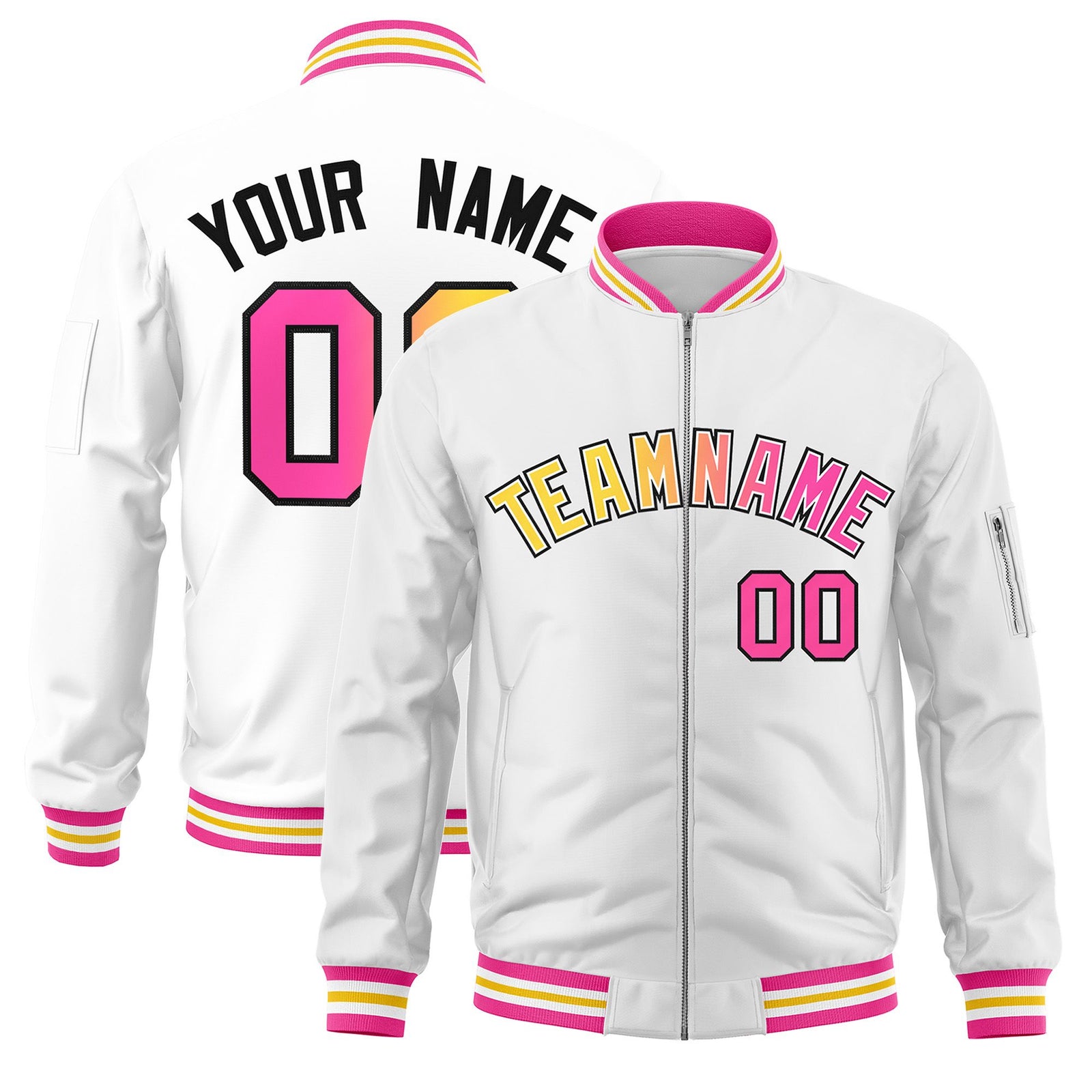 Custom White Full-Zip Gradient Fashion Letterman Bomber Jacket