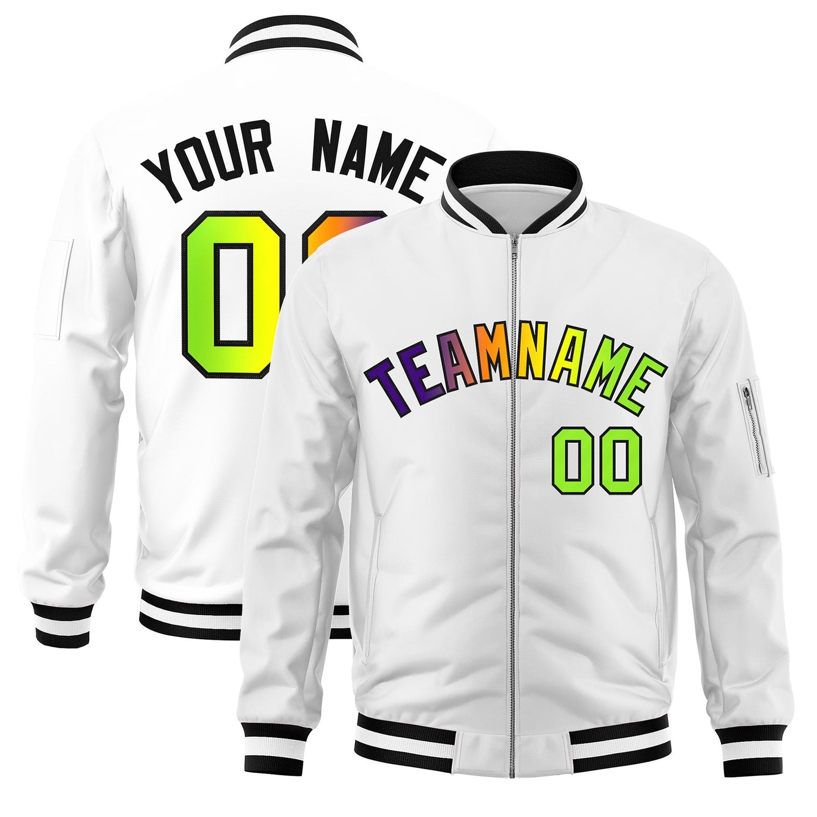 Custom White Full-Zip Gradient Fashion Letterman Bomber Jacket