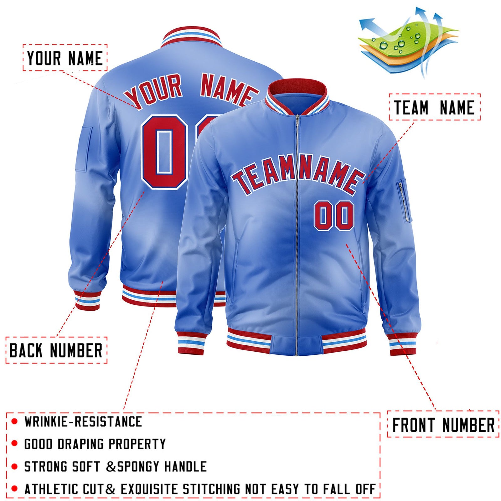 Custom Light Blue Full-Zip Gradient Fashion Letterman Bomber Jacket