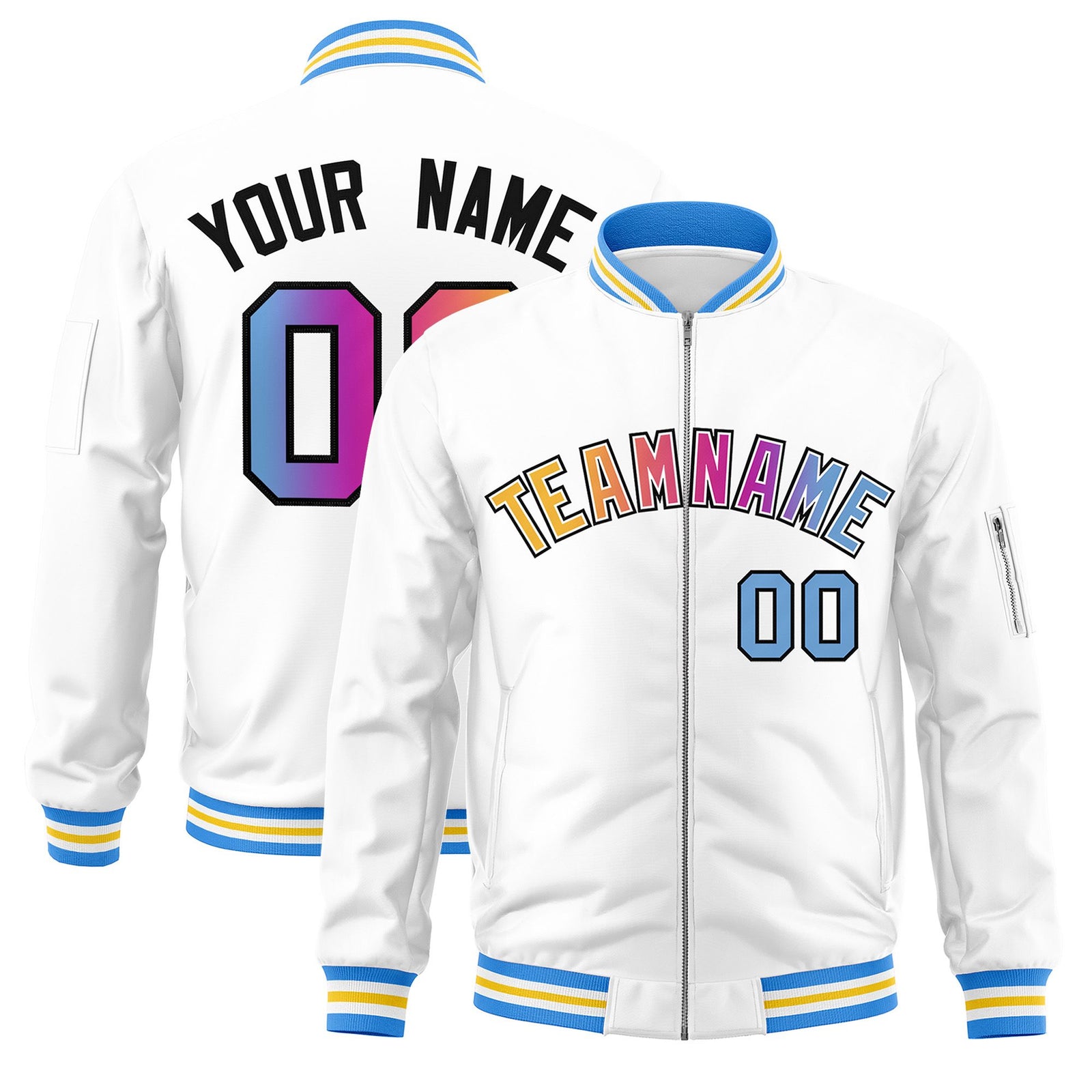 Custom White Full-Zip Gradient Fashion Letterman Bomber Jacket