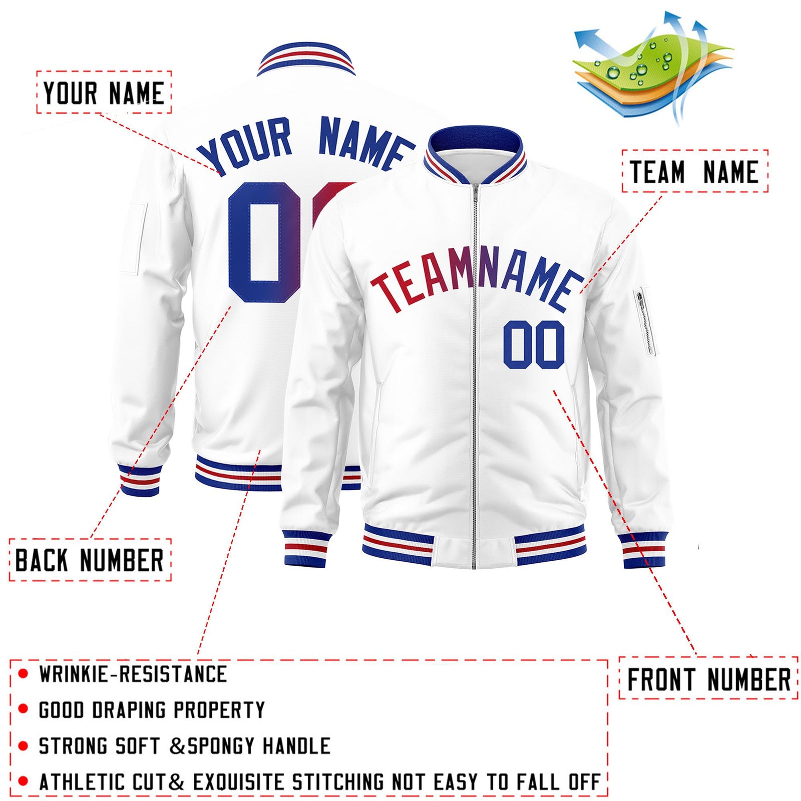 Custom White Full-Zip Gradient Fashion Letterman Bomber Jacket