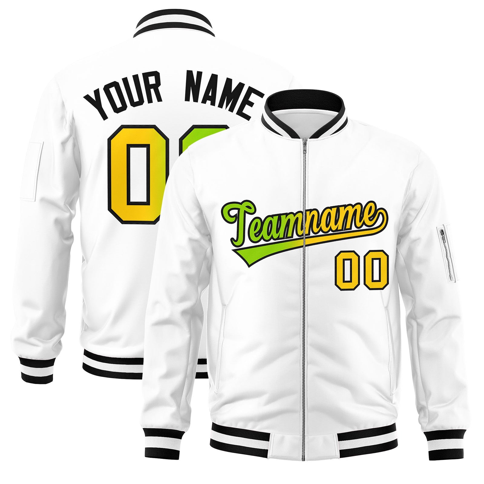 Custom White Full-Zip Gradient Fashion Letterman Bomber Jacket