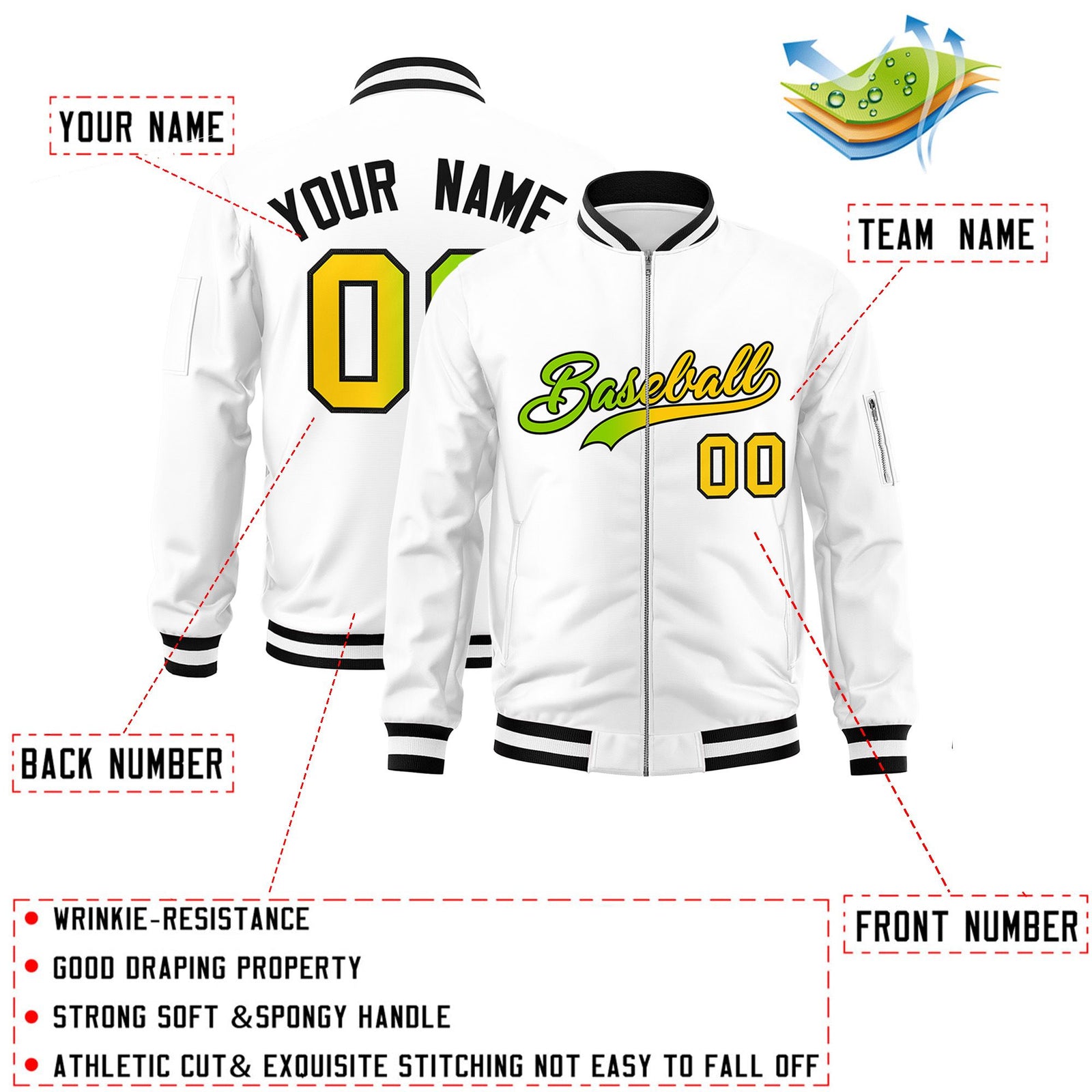 Custom White Full-Zip Gradient Fashion Letterman Bomber Jacket