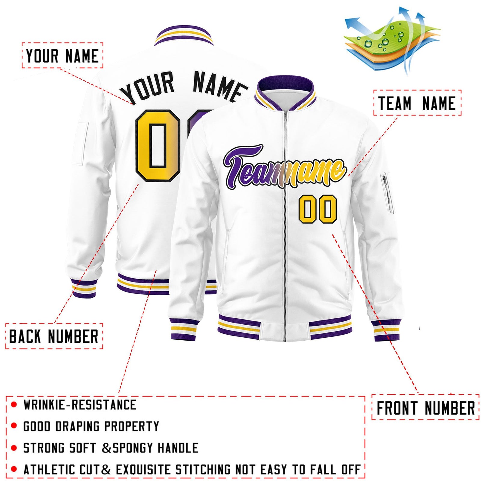 Custom White Full-Zip Gradient Fashion Letterman Bomber Jacket