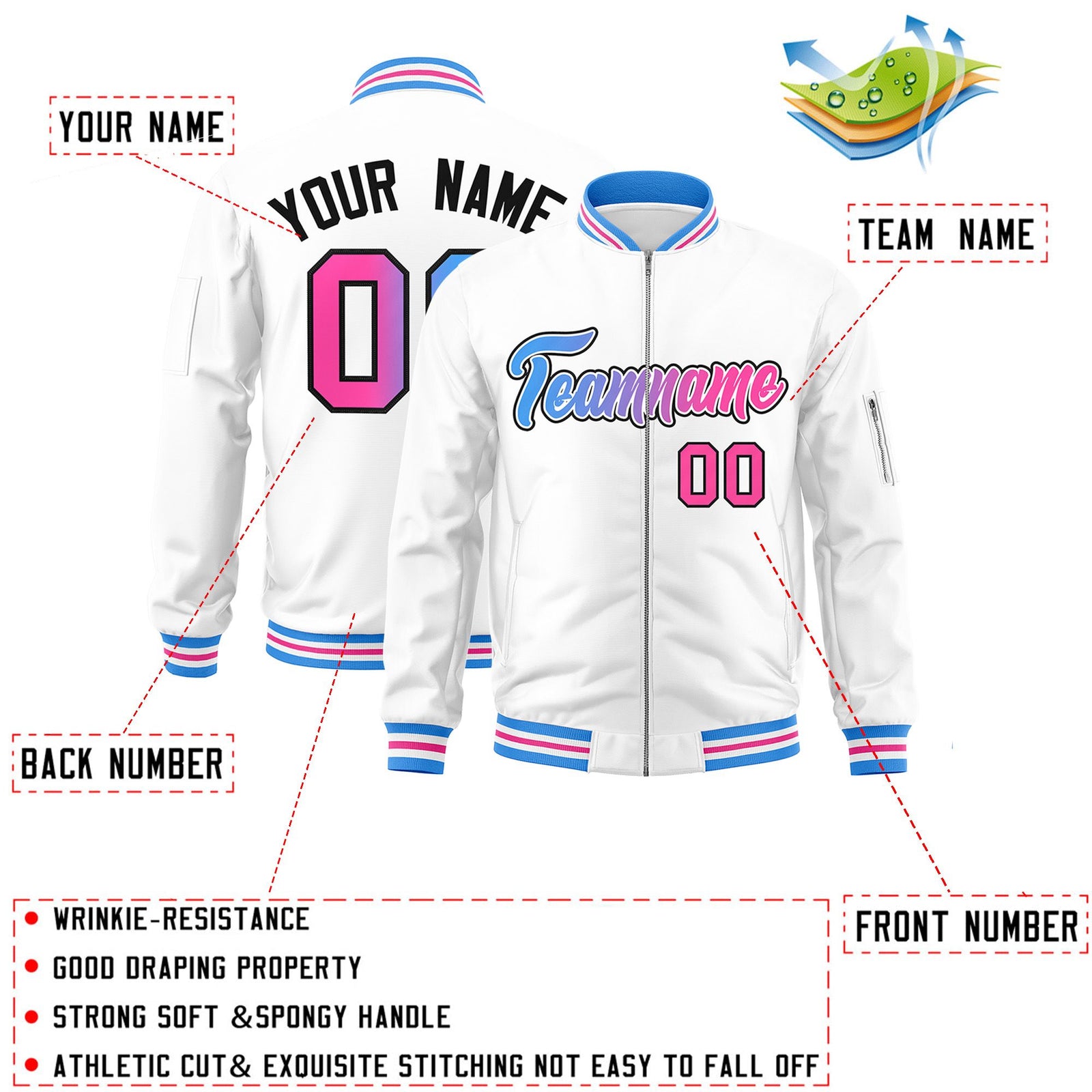 Custom White Full-Zip Gradient Fashion Letterman Bomber Jacket