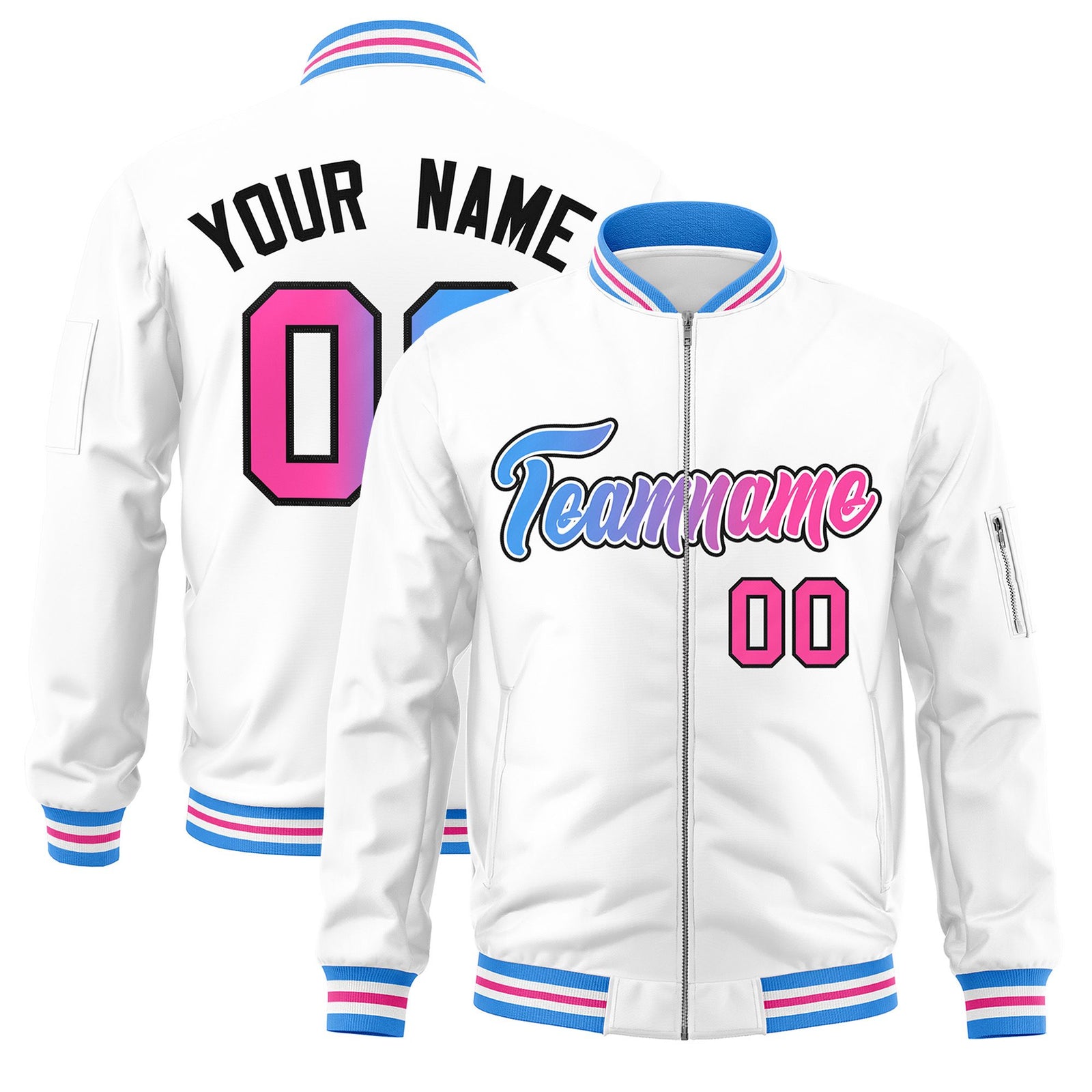 Custom White Full-Zip Gradient Fashion Letterman Bomber Jacket