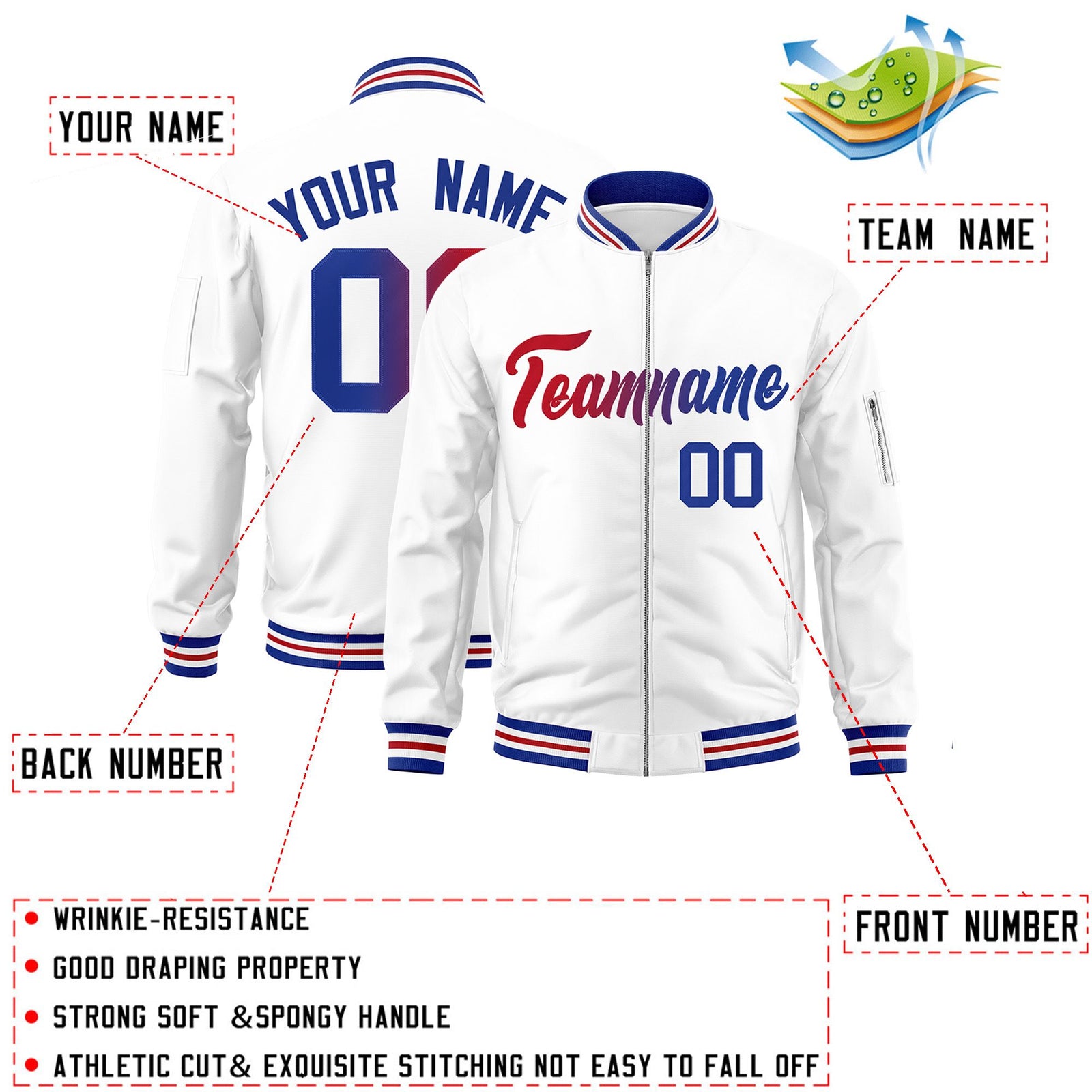Custom White Full-Zip Gradient Fashion Letterman Bomber Jacket