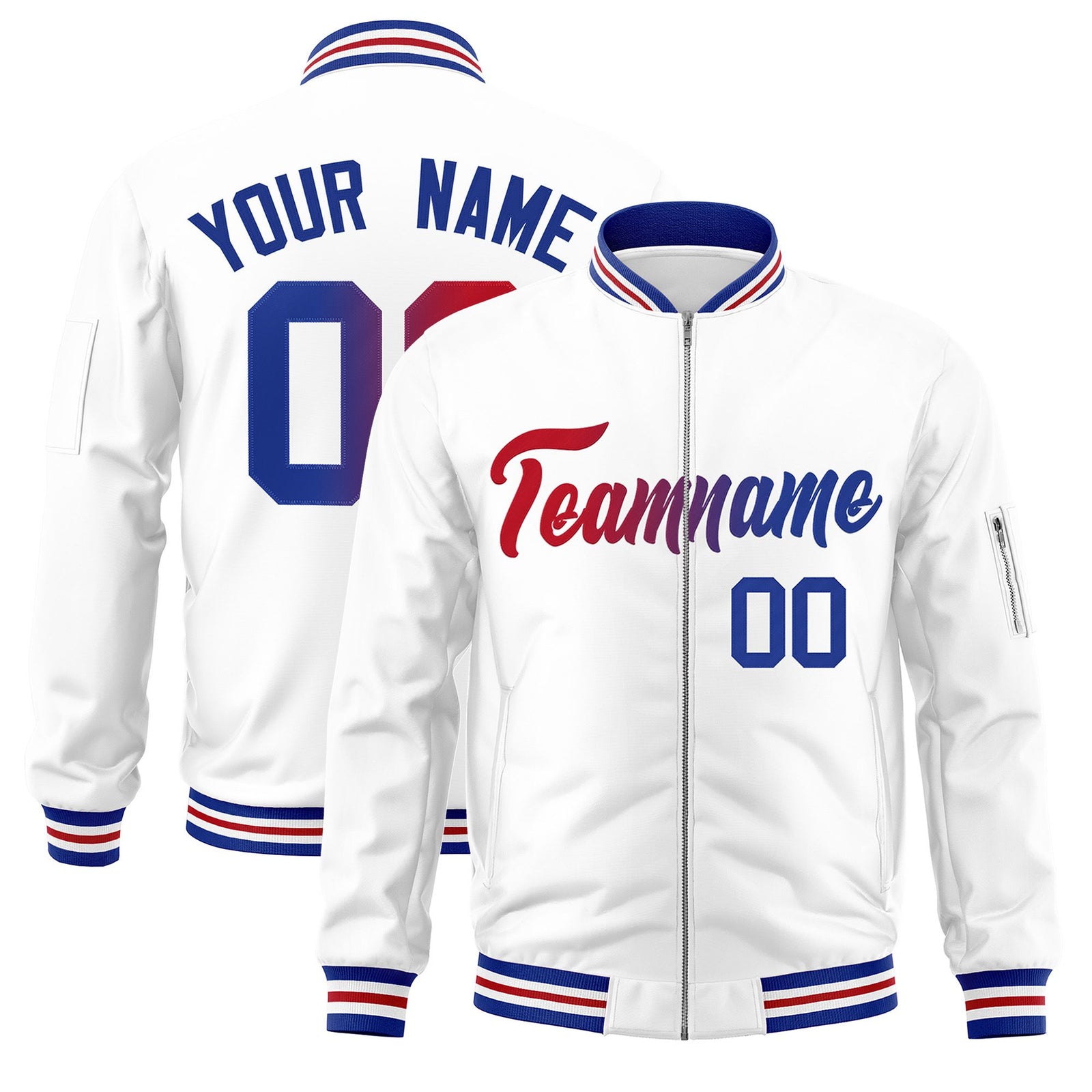 Custom White Full-Zip Gradient Fashion Letterman Bomber Jacket
