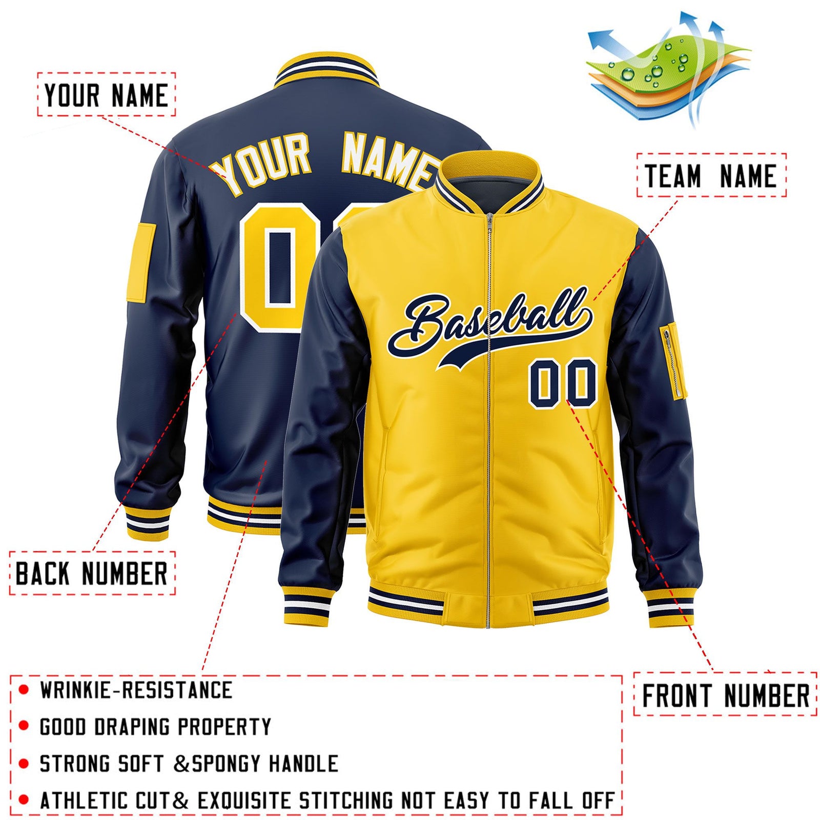 Custom Gold Navy Varsity Full-Zip Two-Tone Letterman Bomber Jacket