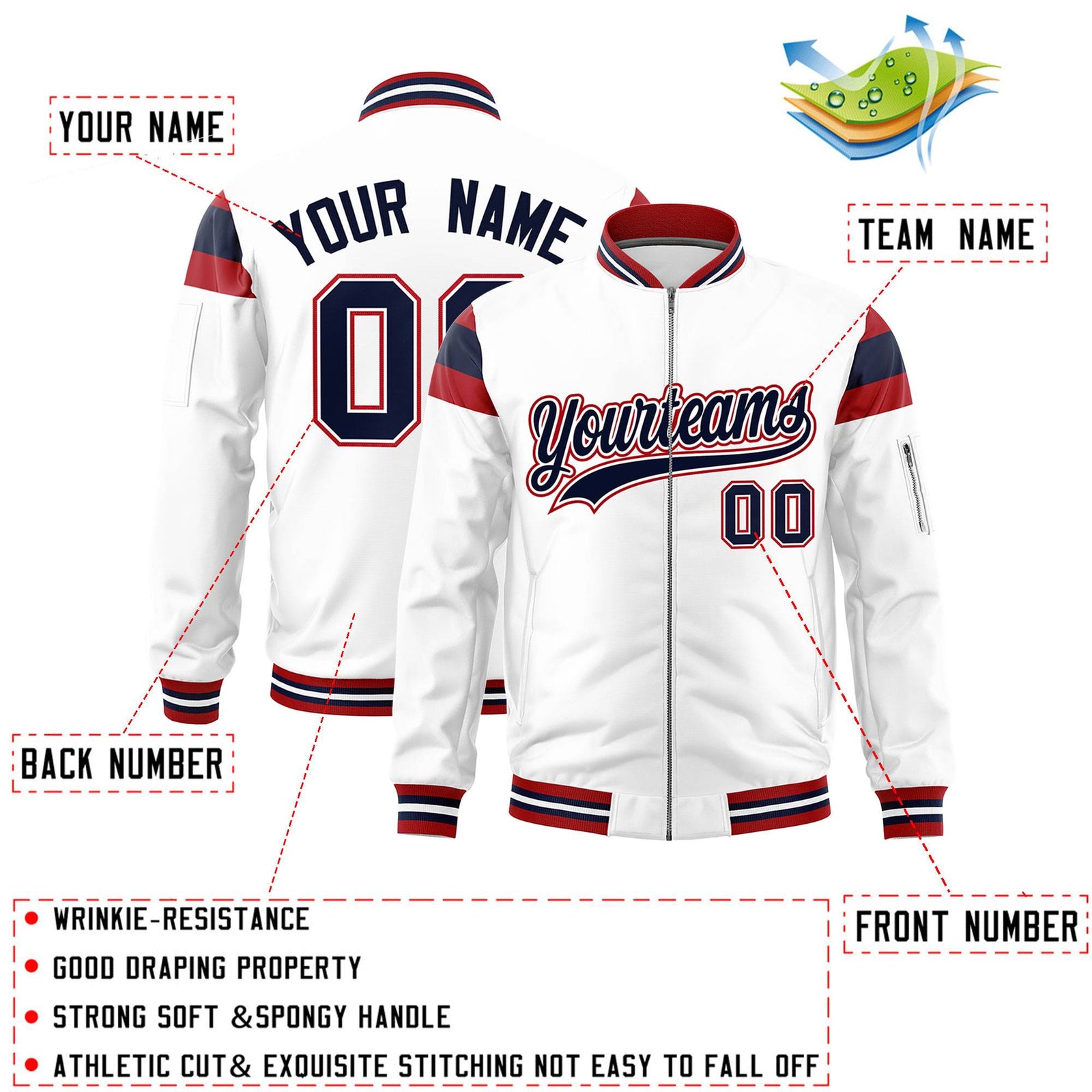 Custom White Red-Navy Varsity Full-Zip Shoulder Color Block Letterman Bomber Jacket