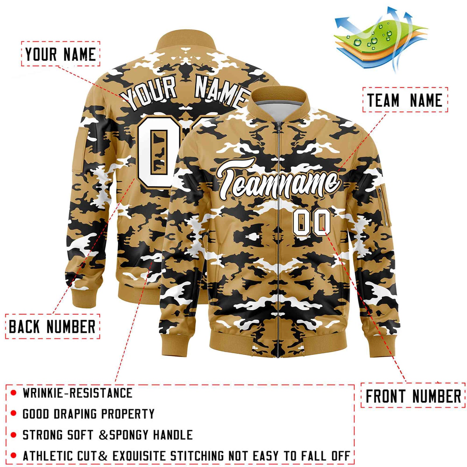 Custom Old Gold Black-White Varsity Full-Zip Camo Letterman Bomber Jacket