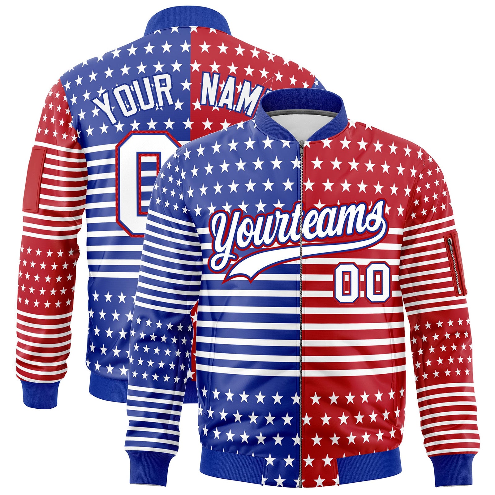 Custom Royal Blue Red White Independence Day Full Zip American Flag Wrinkle-Resistant Jacket| KXKSHOP