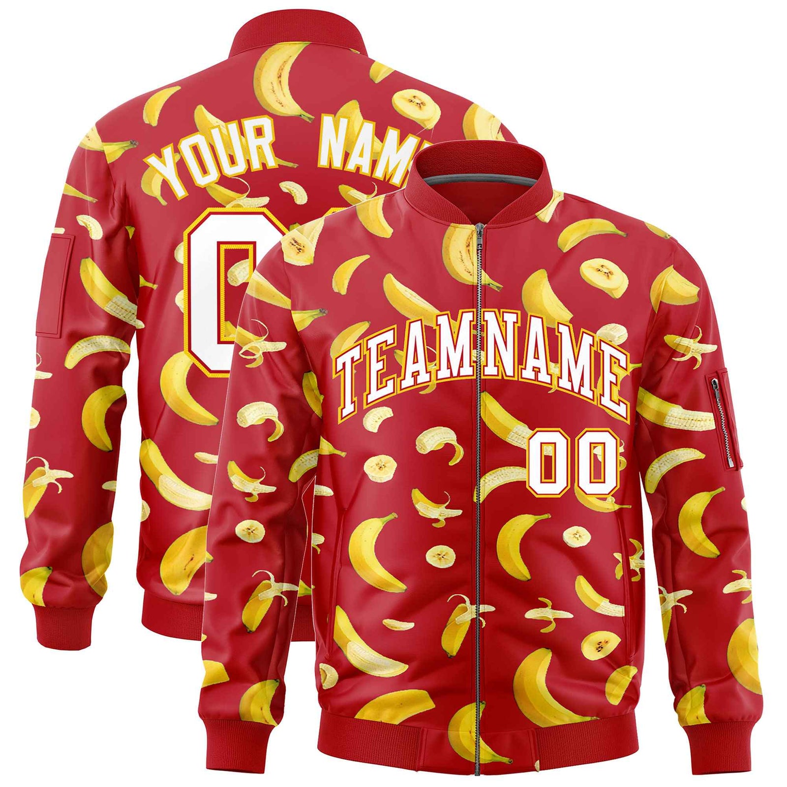 Custom Red Varsity Full-Zip Banana Pattern Letterman Bomber Jacket | Graffiti Pattern | Embroidery&Dye-sublimation printing | KXKSHOP