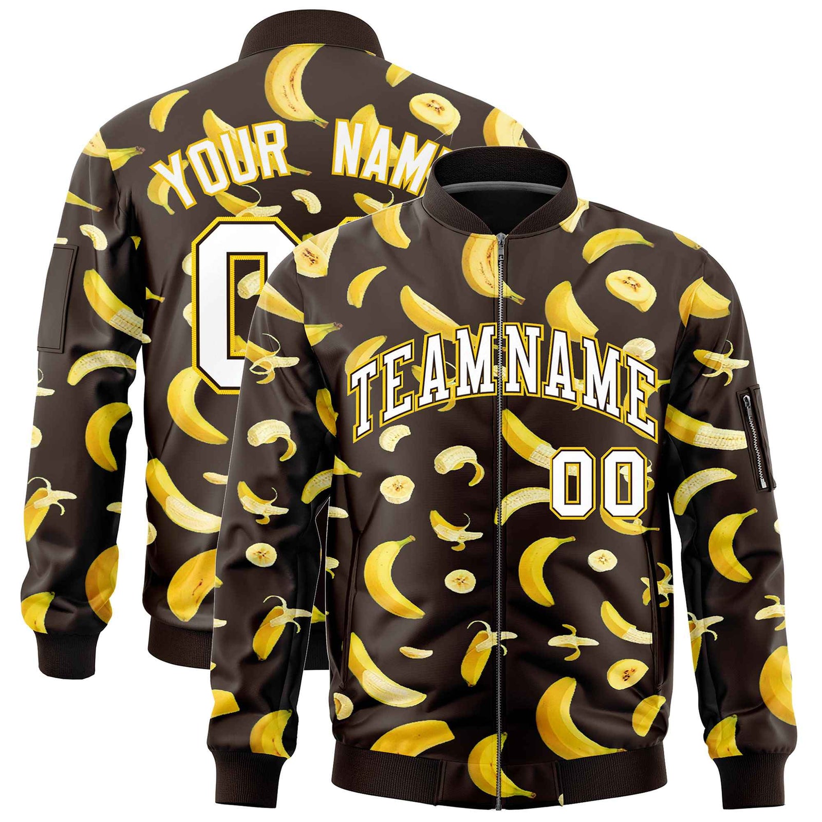 Custom Brown Varsity Full-Zip Banana Pattern Letterman Bomber Jacket | Graffiti Pattern | Embroidery&Dye-sublimation printing | KXKSHOP