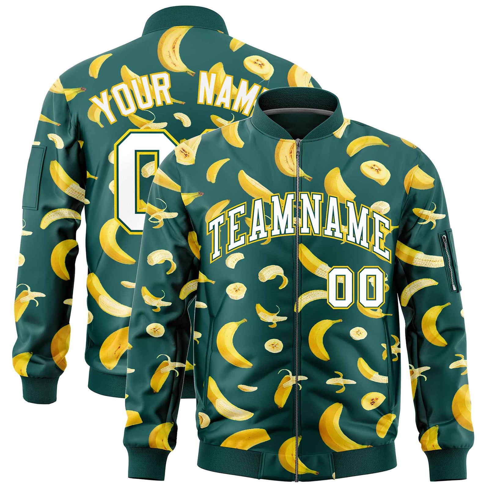 Custom Midnight Green Varsity Full-Zip Banana Pattern Letterman Bomber Jacket | Graffiti Pattern | Embroidery&Dye-sublimation printing | KXKSHOP