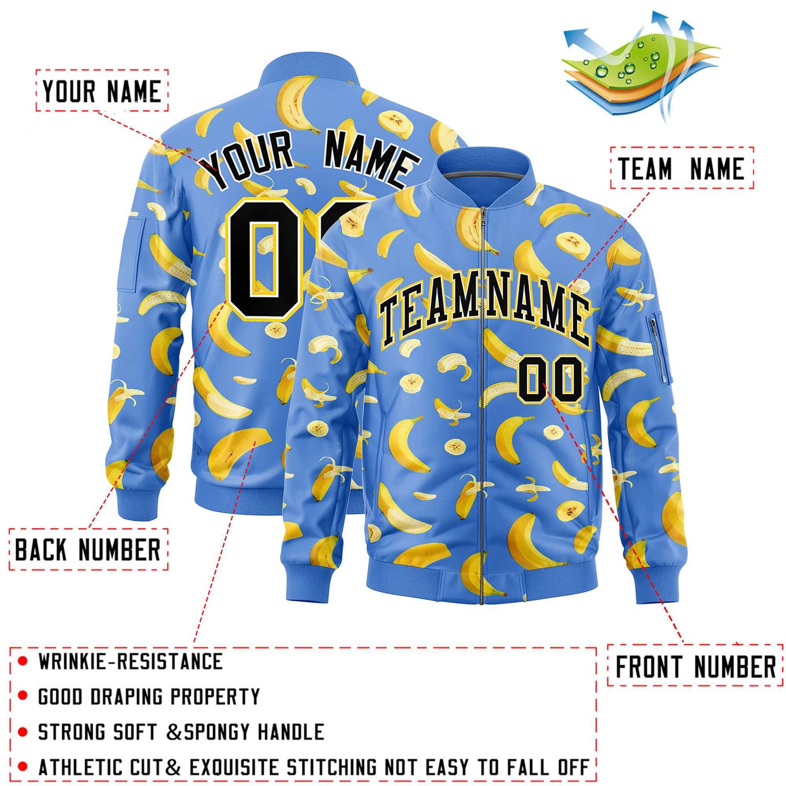 Custom Powder Blue Varsity Full-Zip Banana Pattern Letterman Bomber Jacket | Graffiti Pattern | Embroidery&Dye-sublimation printing | KXKSHOP