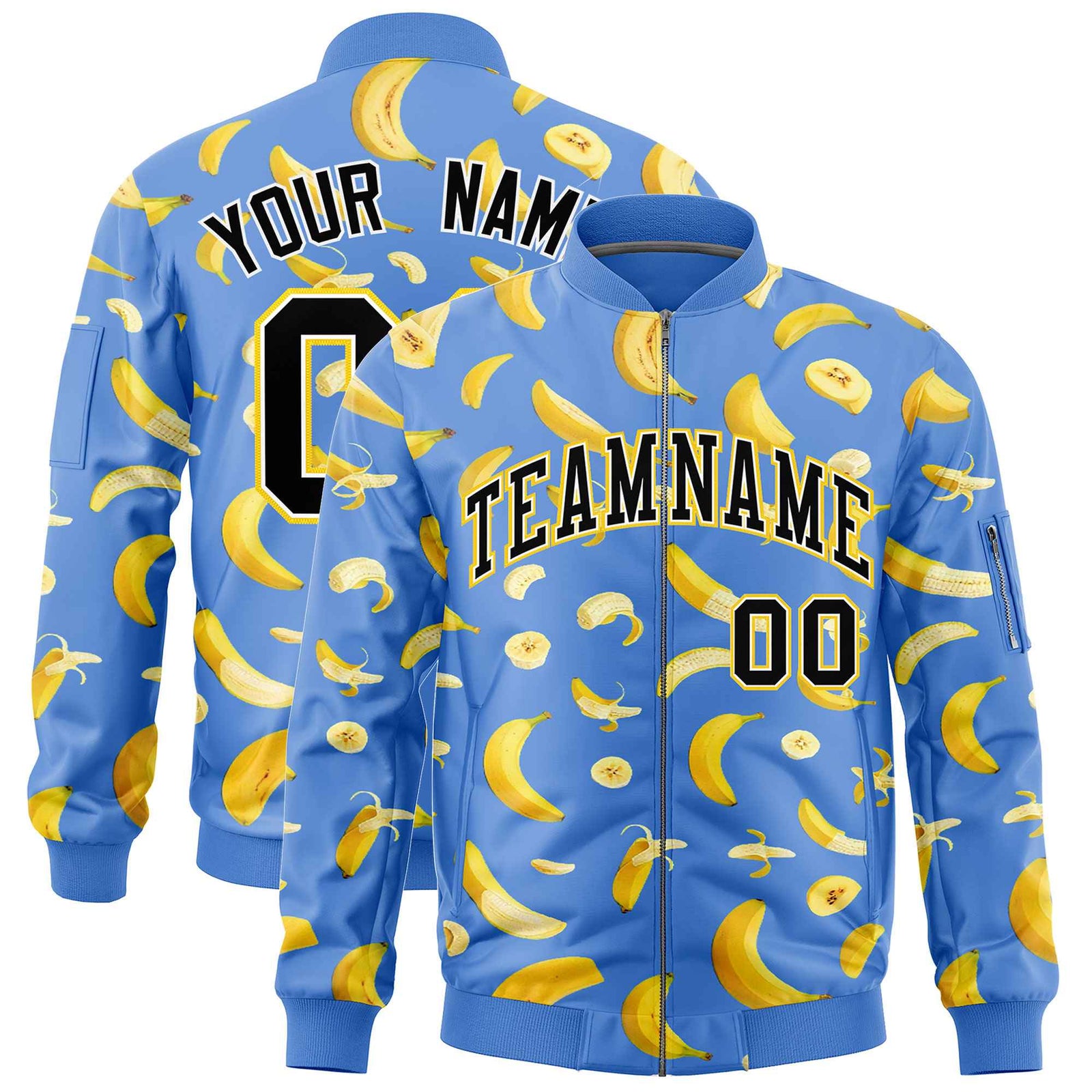 Custom Powder Blue Varsity Full-Zip Banana Pattern Letterman Bomber Jacket | Graffiti Pattern | Embroidery&Dye-sublimation printing | KXKSHOP