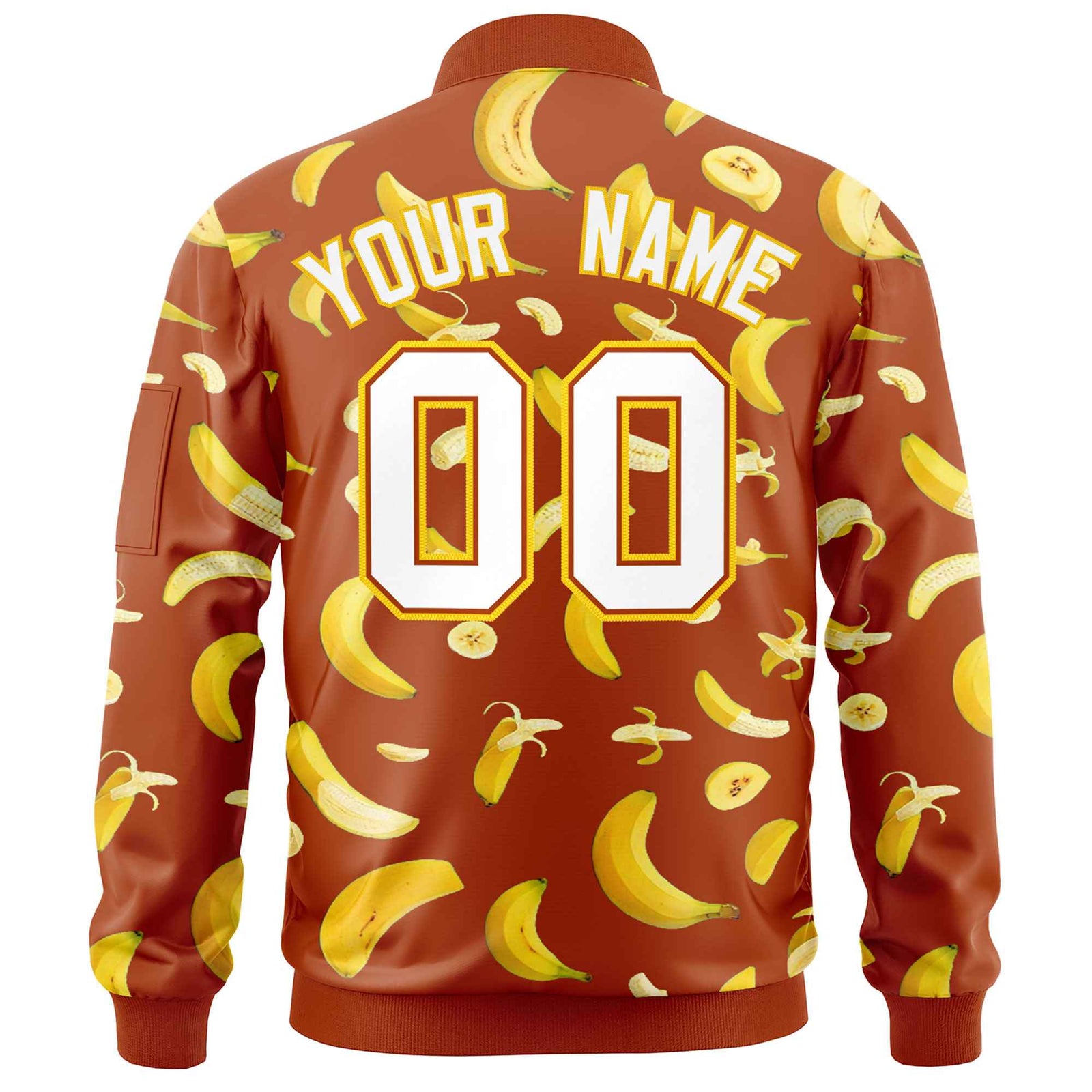 Custom Dark Orange Varsity Full-Zip Banana Pattern Letterman Bomber Jacket | Graffiti Pattern | Embroidery&Dye-sublimation printing | KXKSHOP