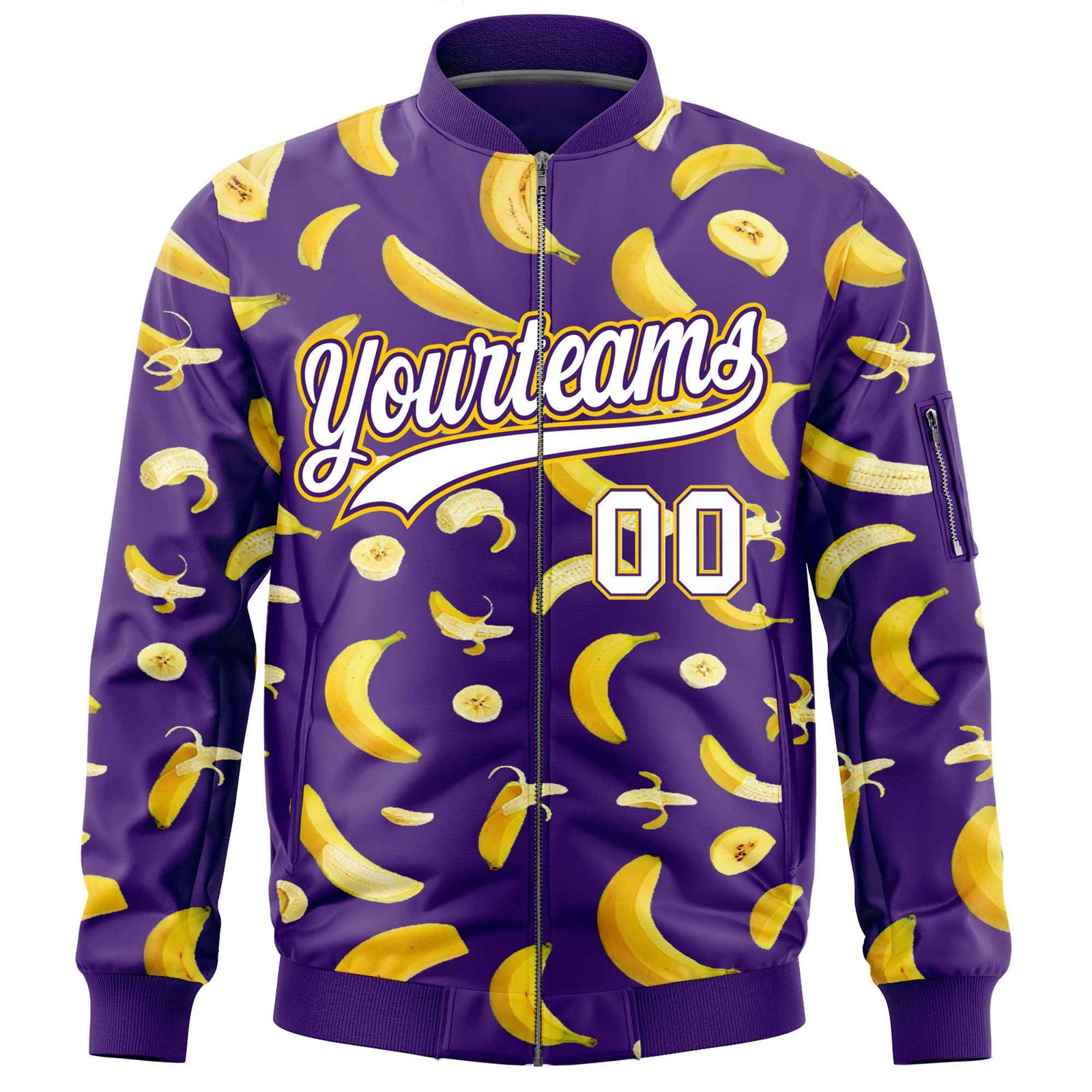 Custom Purple Varsity Full-Zip Banana Pattern Letterman Bomber Jacket | Graffiti Pattern | Embroidery&Dye-sublimation printing | KXKSHOP