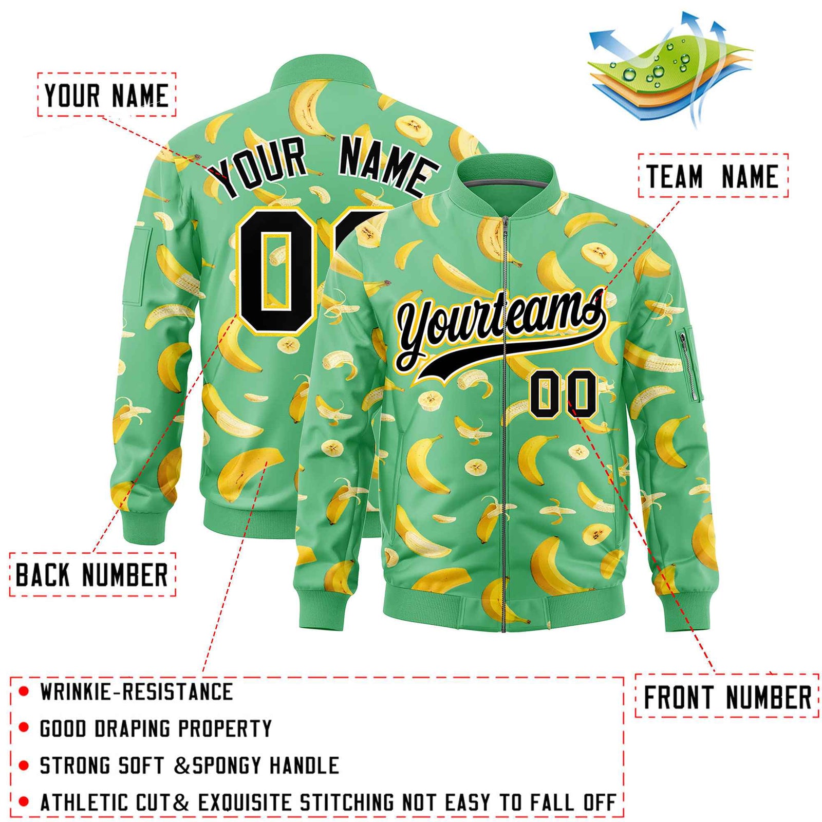 Custom Neon Green Varsity Full-Zip Banana Pattern Letterman Bomber Jacket | Graffiti Pattern | Embroidery&Dye-sublimation printing | KXKSHOP