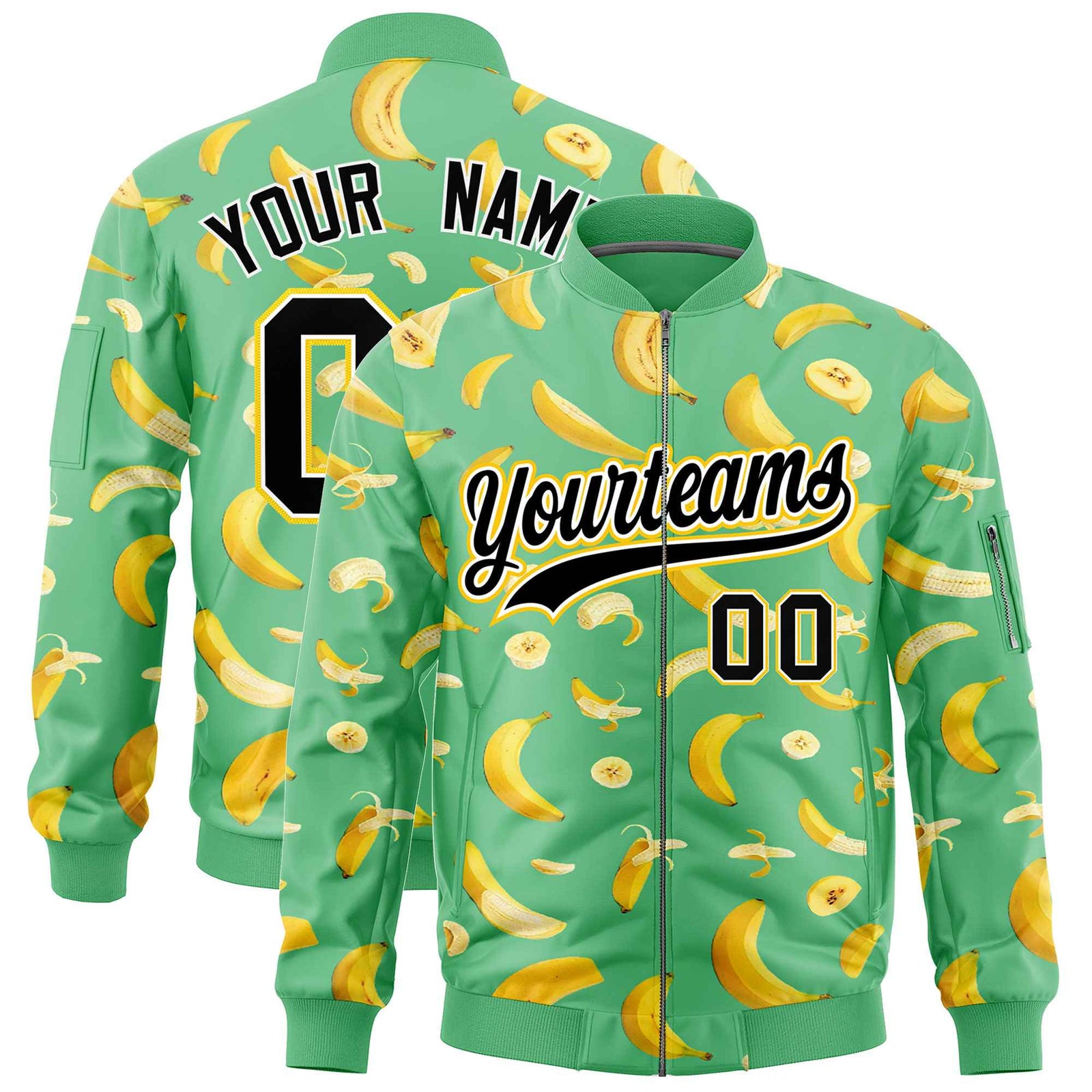 Custom Neon Green Varsity Full-Zip Banana Pattern Letterman Bomber Jacket | Graffiti Pattern | Embroidery&Dye-sublimation printing | KXKSHOP