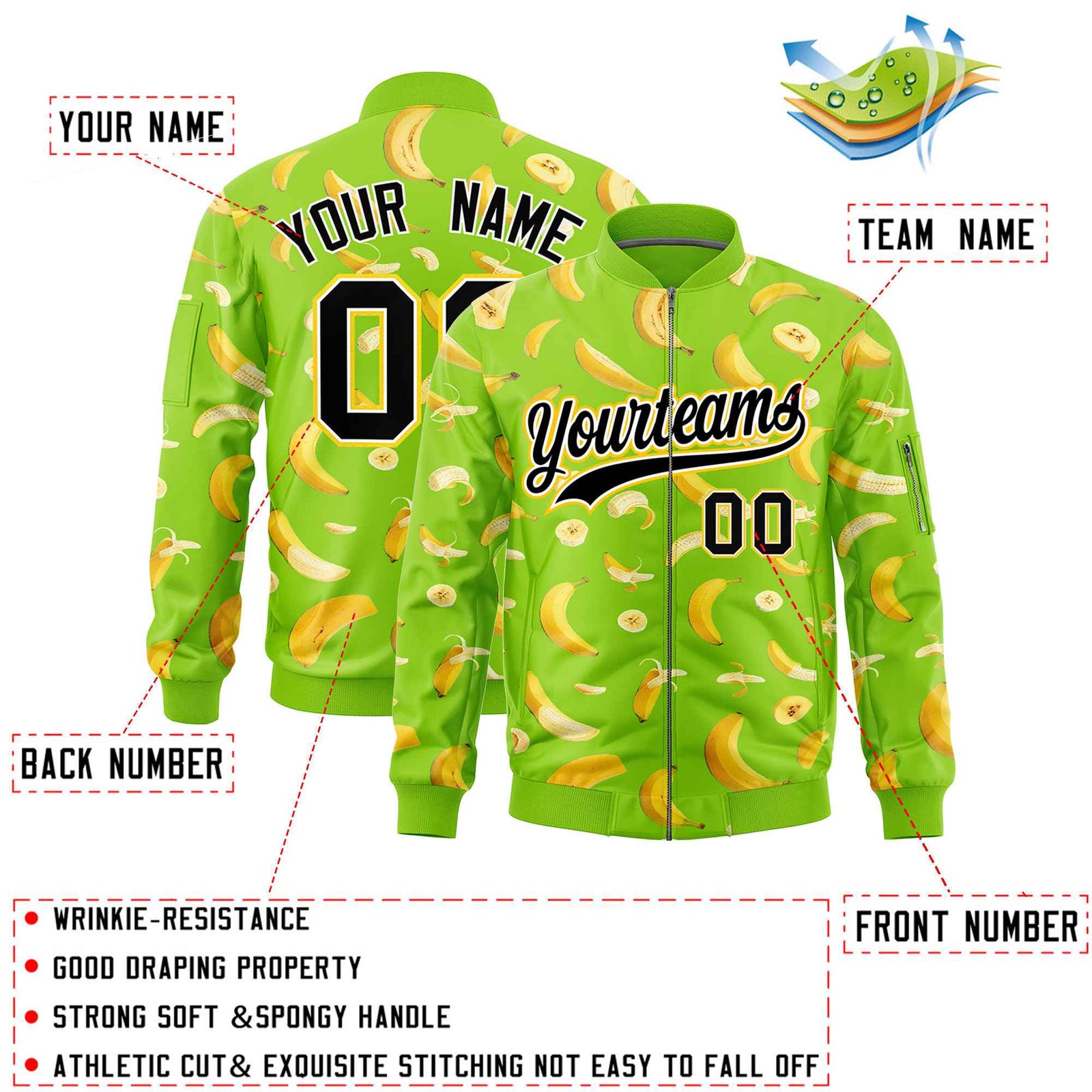Custom Neon Green Varsity Full-Zip Banana Pattern Letterman Bomber Jacket | Graffiti Pattern | Embroidery&Dye-sublimation printing | KXKSHOP