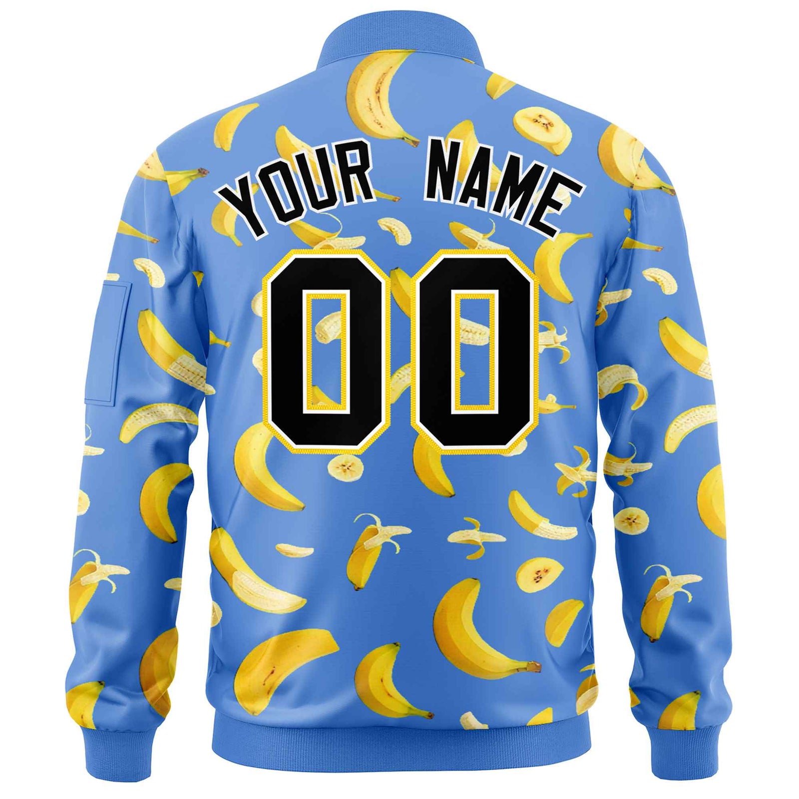 Custom Powder Blue Varsity Full-Zip Banana Pattern Letterman Bomber Jacket | Graffiti Pattern | Embroidery&Dye-sublimation printing | KXKSHOP