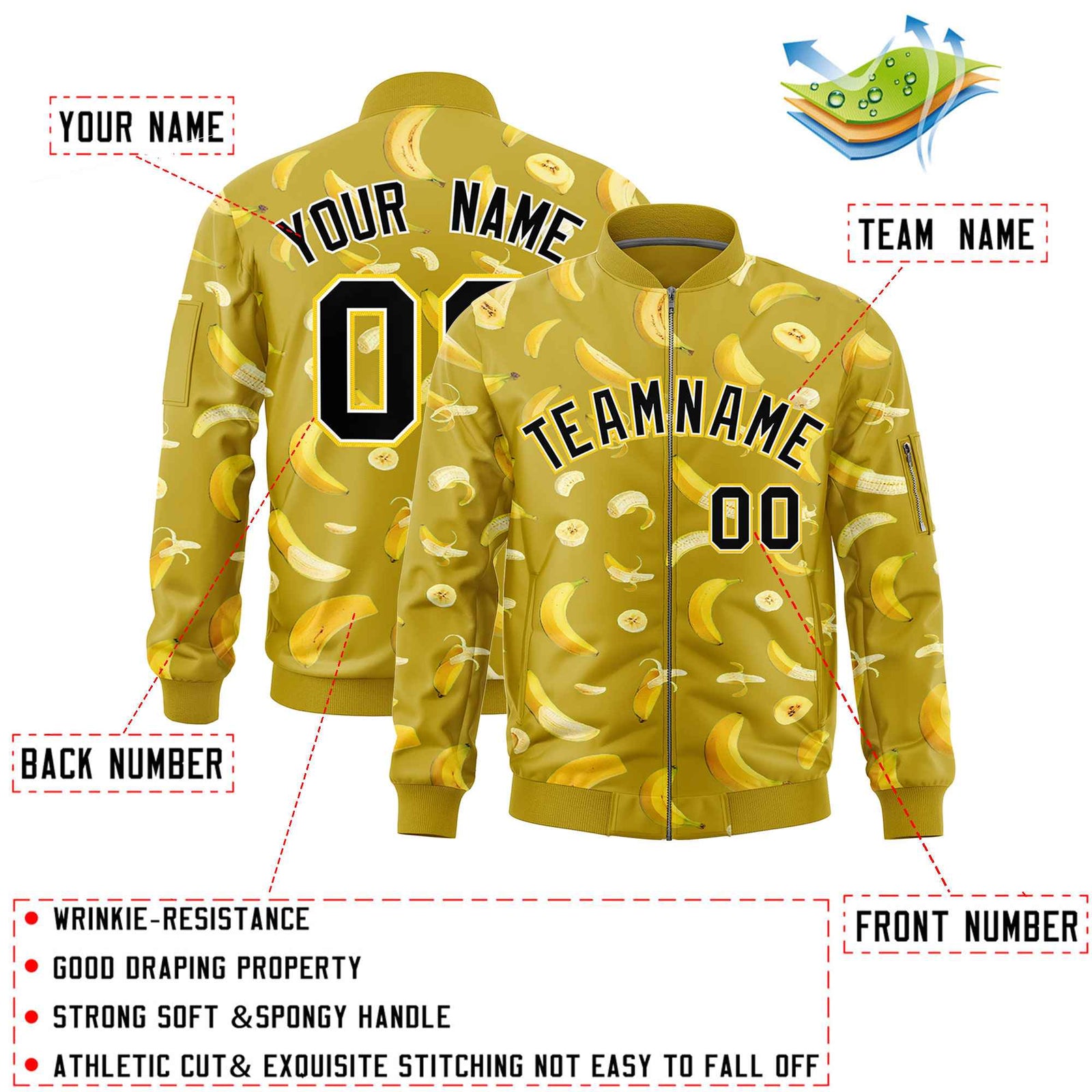 Custom Old Gold Varsity Full-Zip Banana Pattern Letterman Bomber Jacket | Graffiti Pattern | Embroidery&Dye-sublimation printing | KXKSHOP