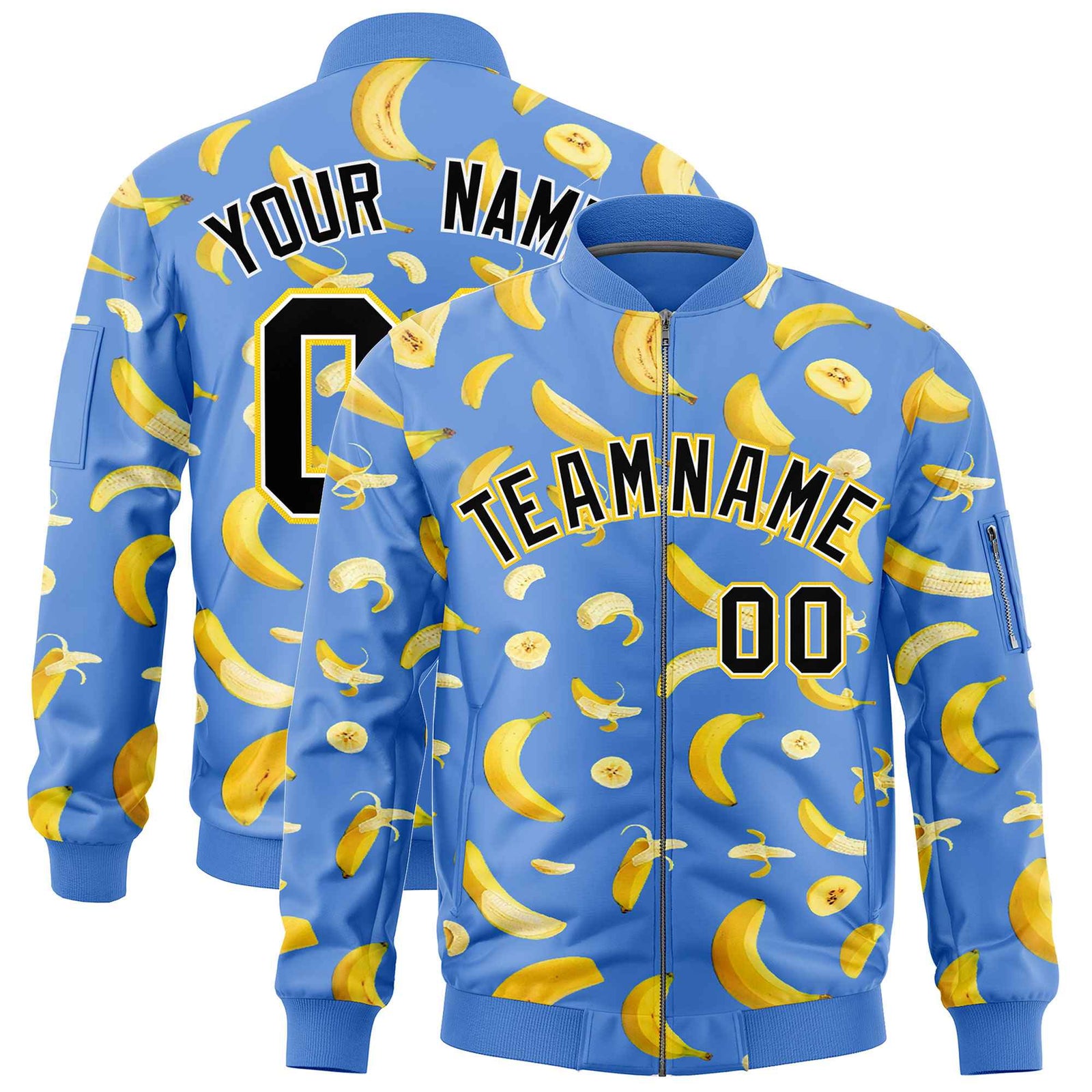 Custom Powder Blue Varsity Full-Zip Banana Pattern Letterman Bomber Jacket | Graffiti Pattern | Embroidery&Dye-sublimation printing | KXKSHOP