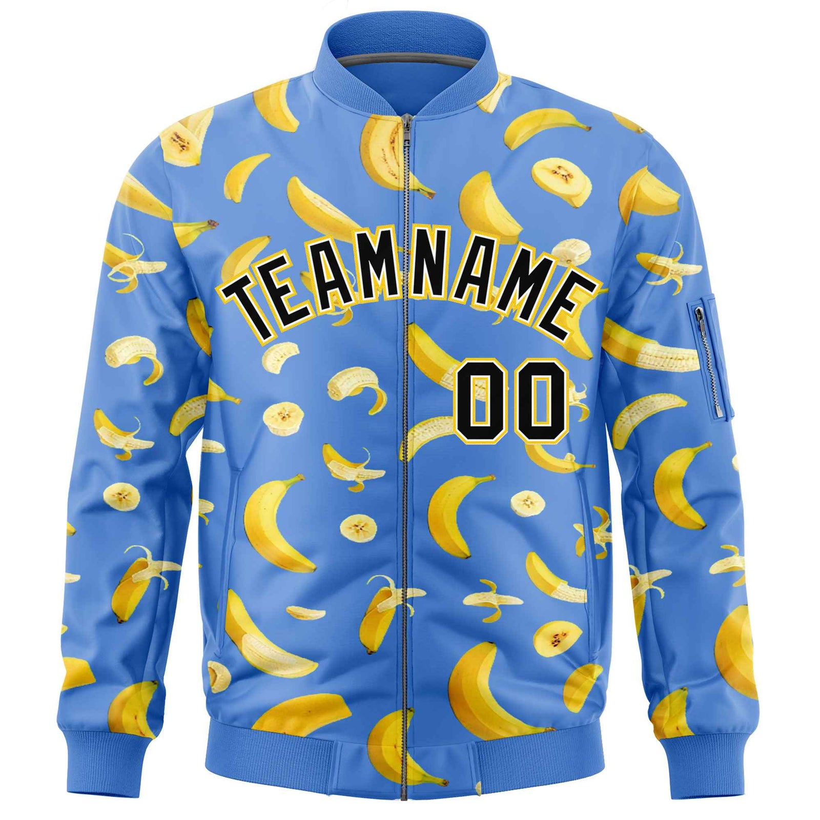 Custom Powder Blue Varsity Full-Zip Banana Pattern Letterman Bomber Jacket | Graffiti Pattern | Embroidery&Dye-sublimation printing | KXKSHOP