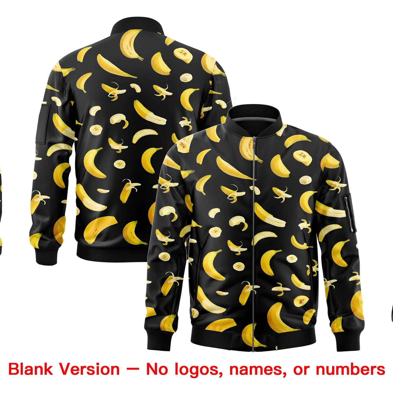 Custom Black Varsity Full-Zip Banana Pattern Letterman Bomber Jacket | Graffiti Pattern | Embroidery&Dye-sublimation printing | KXKSHOP