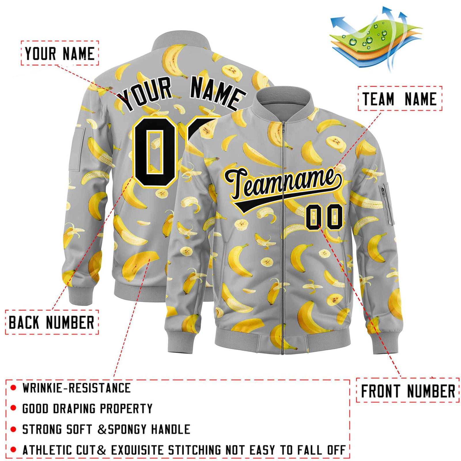 Custom Gray Varsity Full-Zip Banana Pattern Letterman Bomber Jacket | Graffiti Pattern | Embroidery&Dye-sublimation printing | KXKSHOP