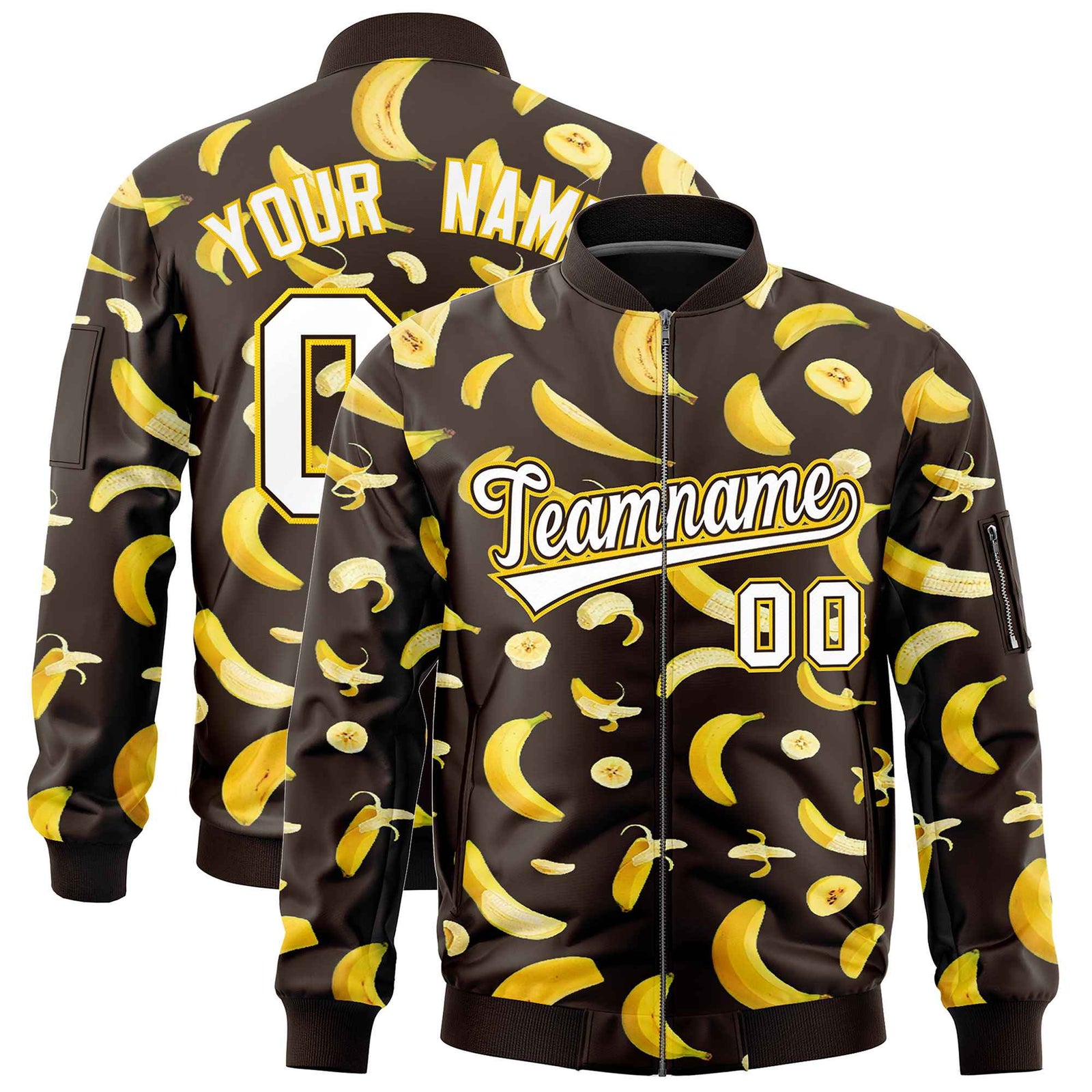 Custom Brown Varsity Full-Zip Banana Pattern Letterman Bomber Jacket | Graffiti Pattern | Embroidery&Dye-sublimation printing | KXKSHOP