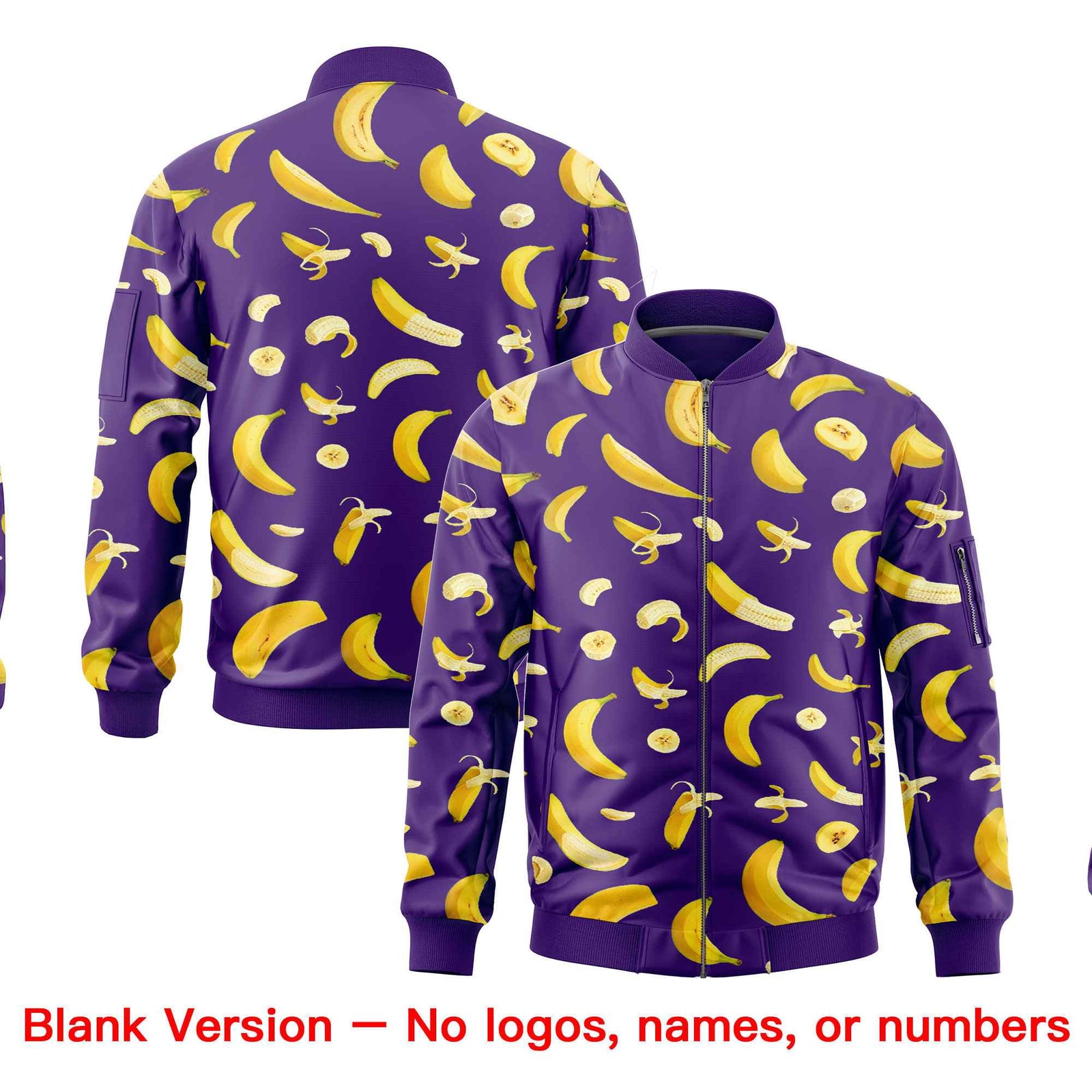 Custom Purple Varsity Full-Zip Banana Pattern Letterman Bomber Jacket | Graffiti Pattern | Embroidery&Dye-sublimation printing | KXKSHOP